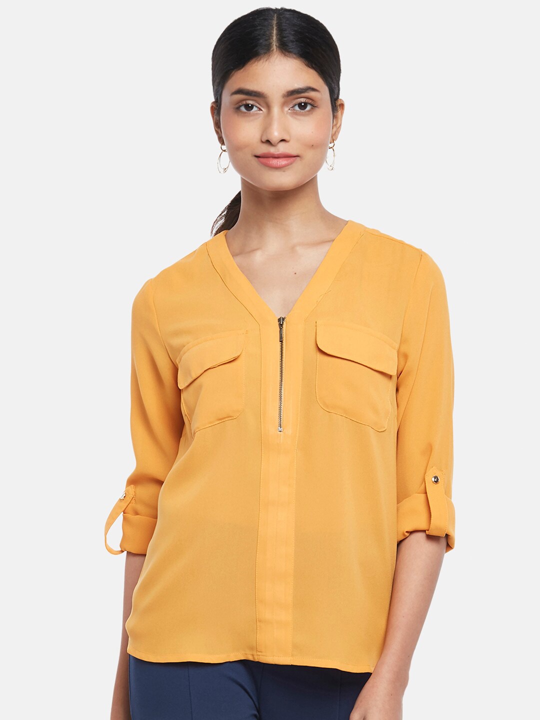 

Annabelle by Pantaloons Mustard Yellow Roll-Up Sleeves Shirt Style Top