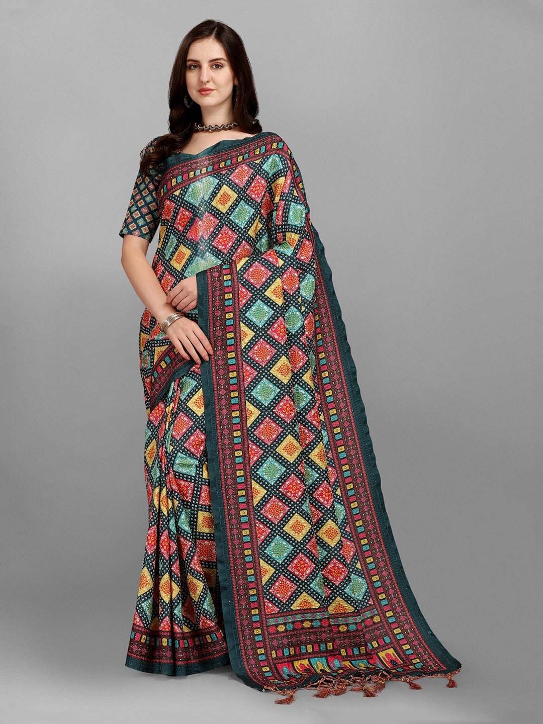 

Ethnic Yard Brown & Blue Bandhani Pure Silk Saree