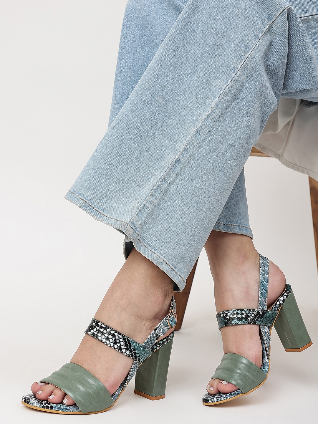 

Marc Loire Olive Green Printed PU Work Block Heels