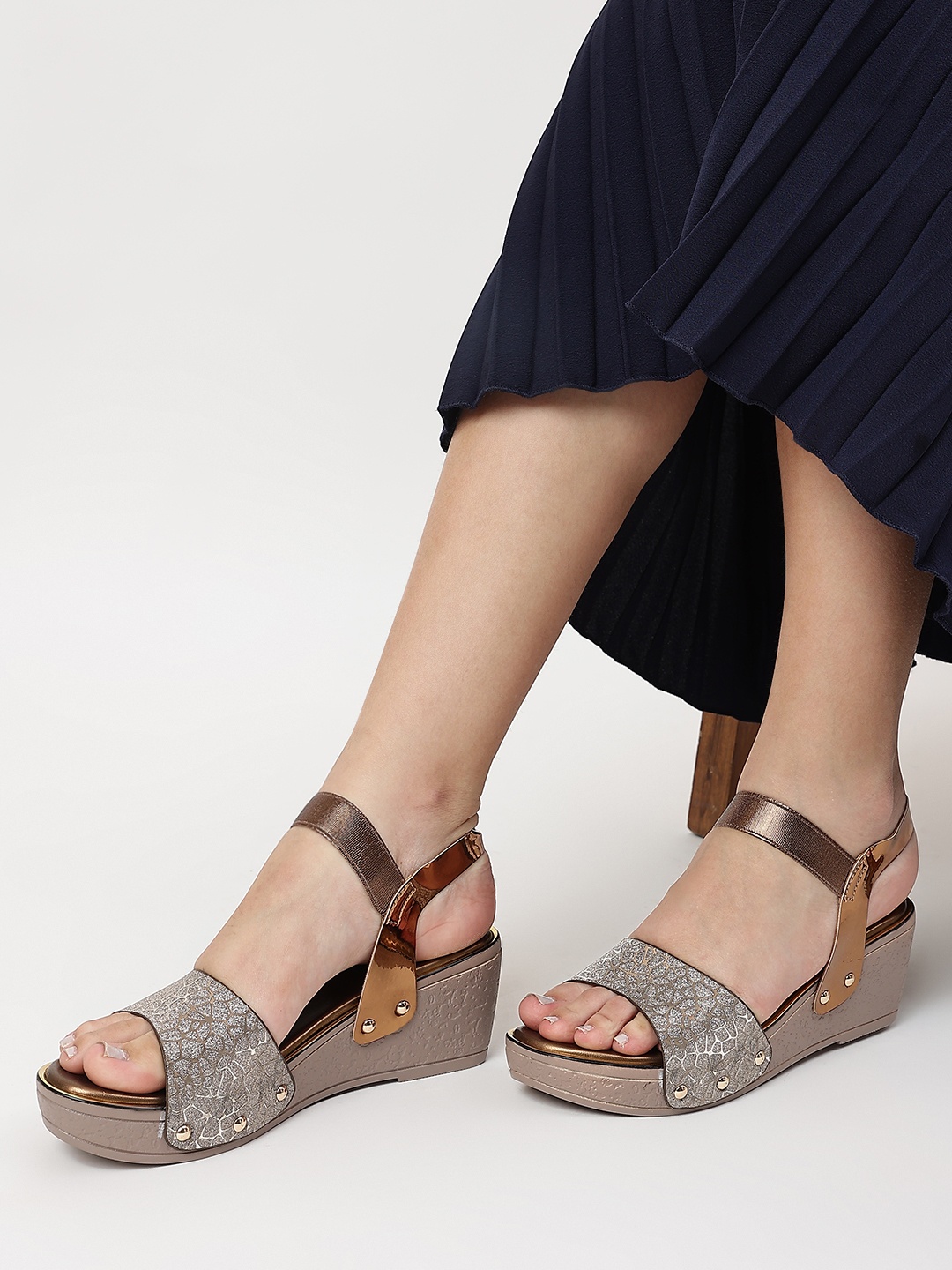 

Marc Loire Women Copper-Toned Embellished PU Wedge Sandals