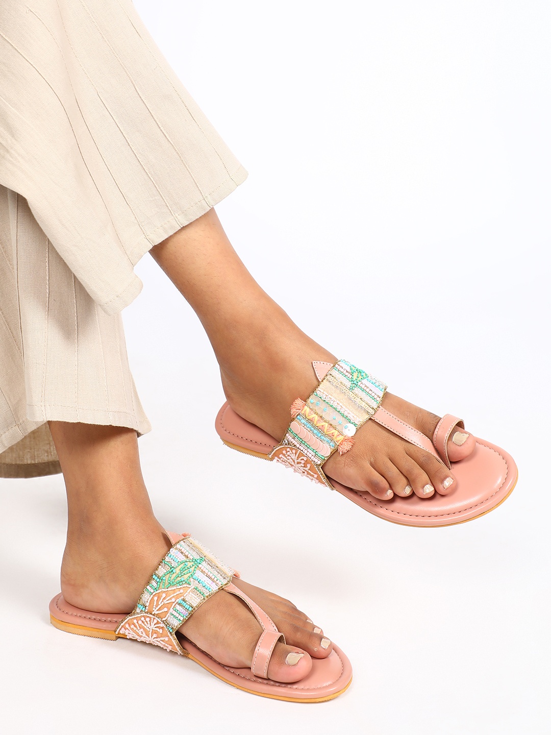 

Marc Loire Women Nude Embellished PU Ethnic One Toe Flats