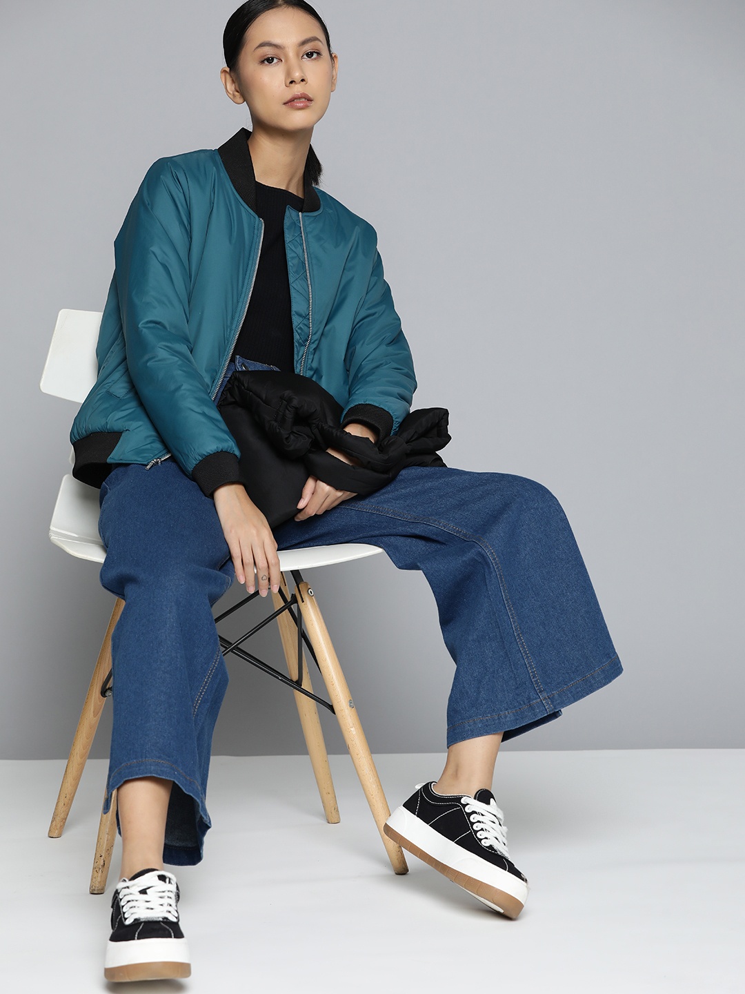 

ether Women Teal Blue Solid Bomber Jacket