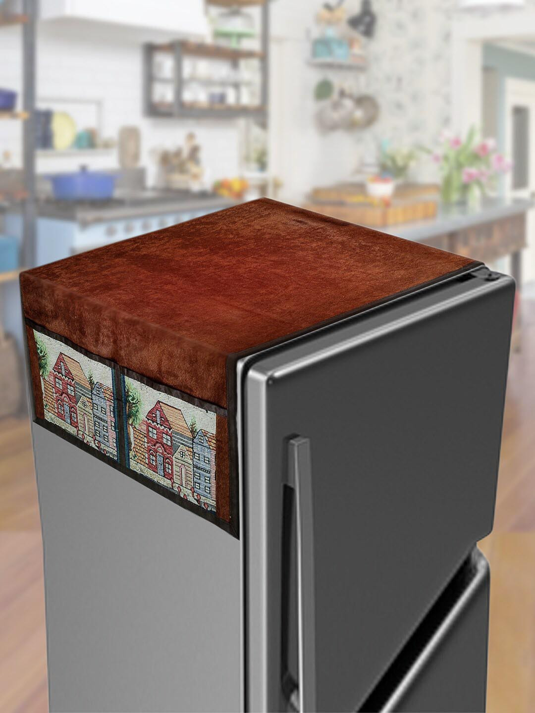 

Kuber Industries Brown House Printed Velvet Fridge Top Cover
