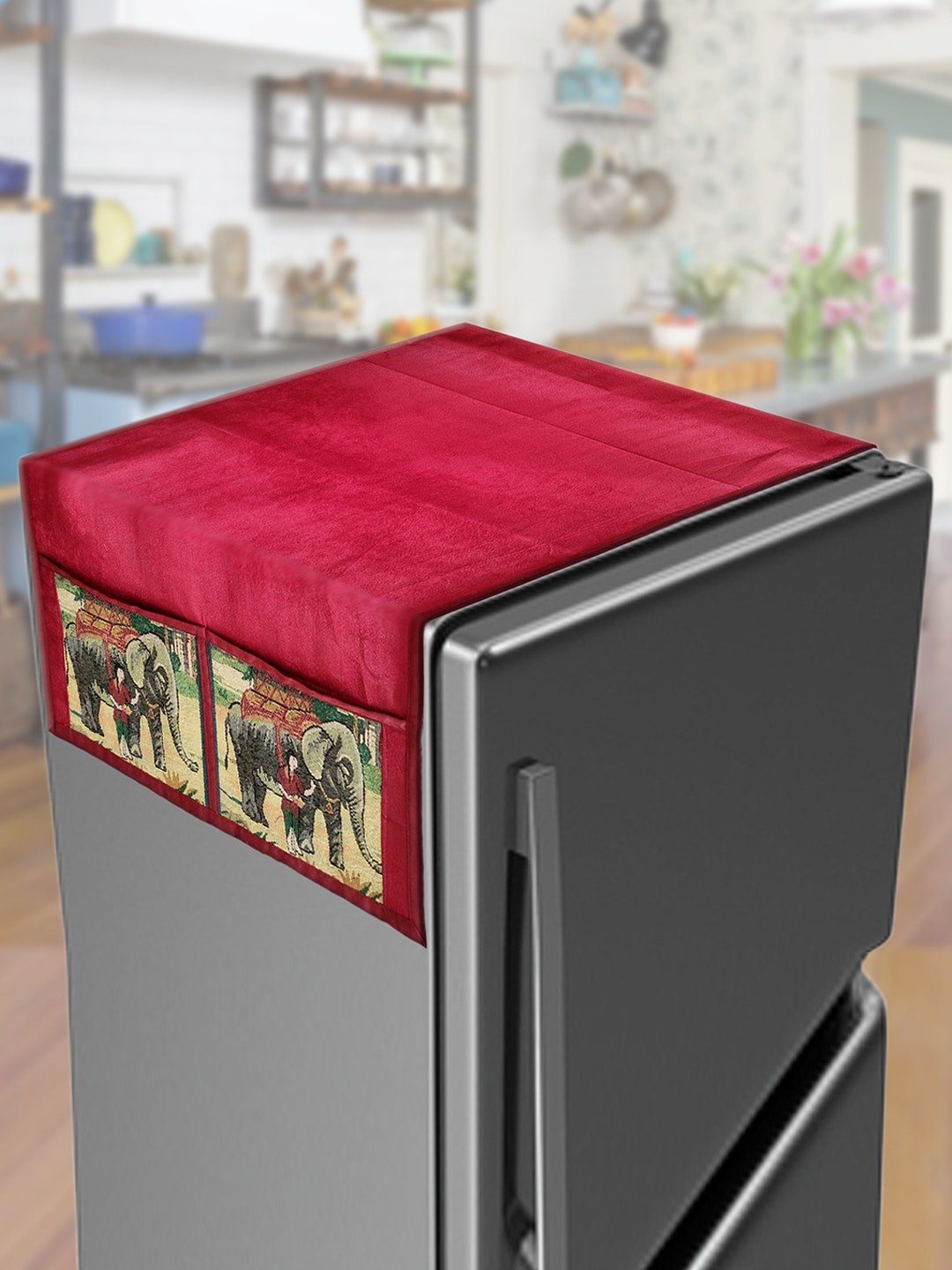 

Kuber Industries Maroon Elephant Printed Velvet Fridge Top Cover