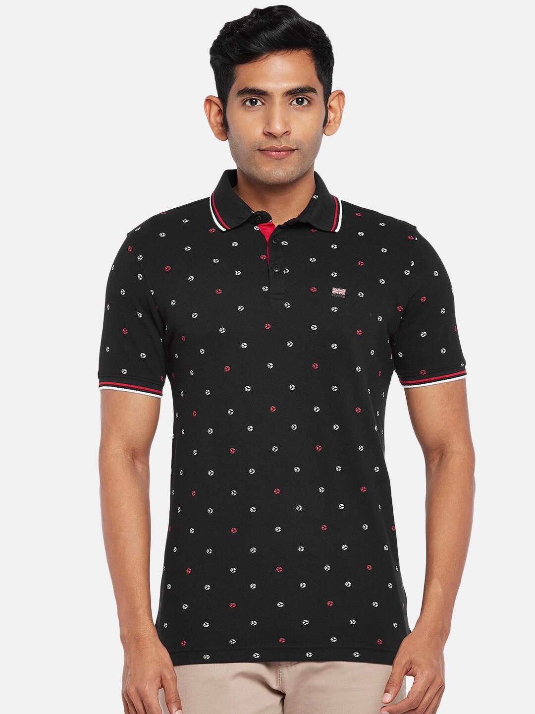 

BYFORD by Pantaloons Men Black Printed Polo Collar T-shirt