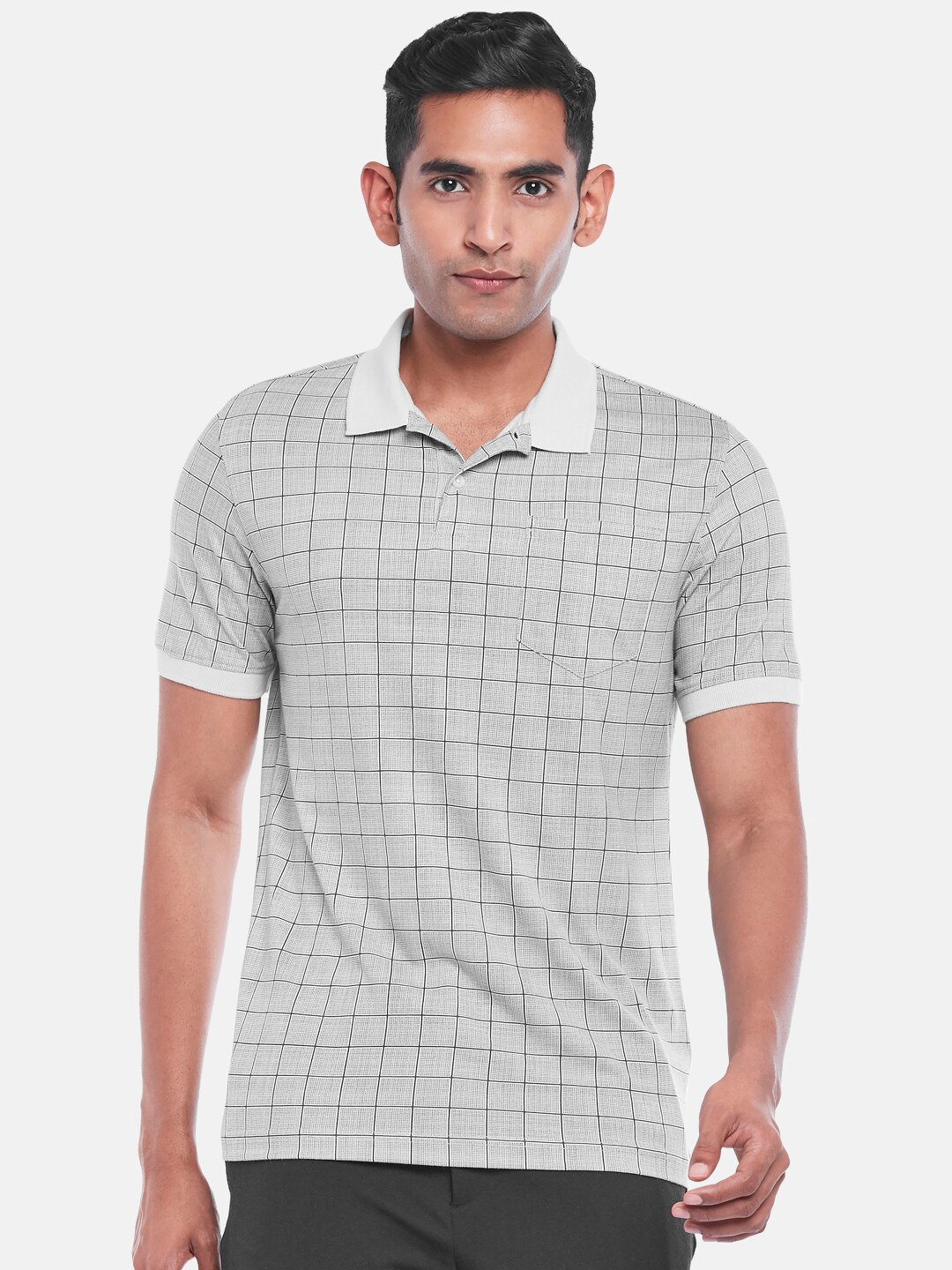 

BYFORD by Pantaloons Men Grey Checked Polo Collar Slim Fit T-shirt