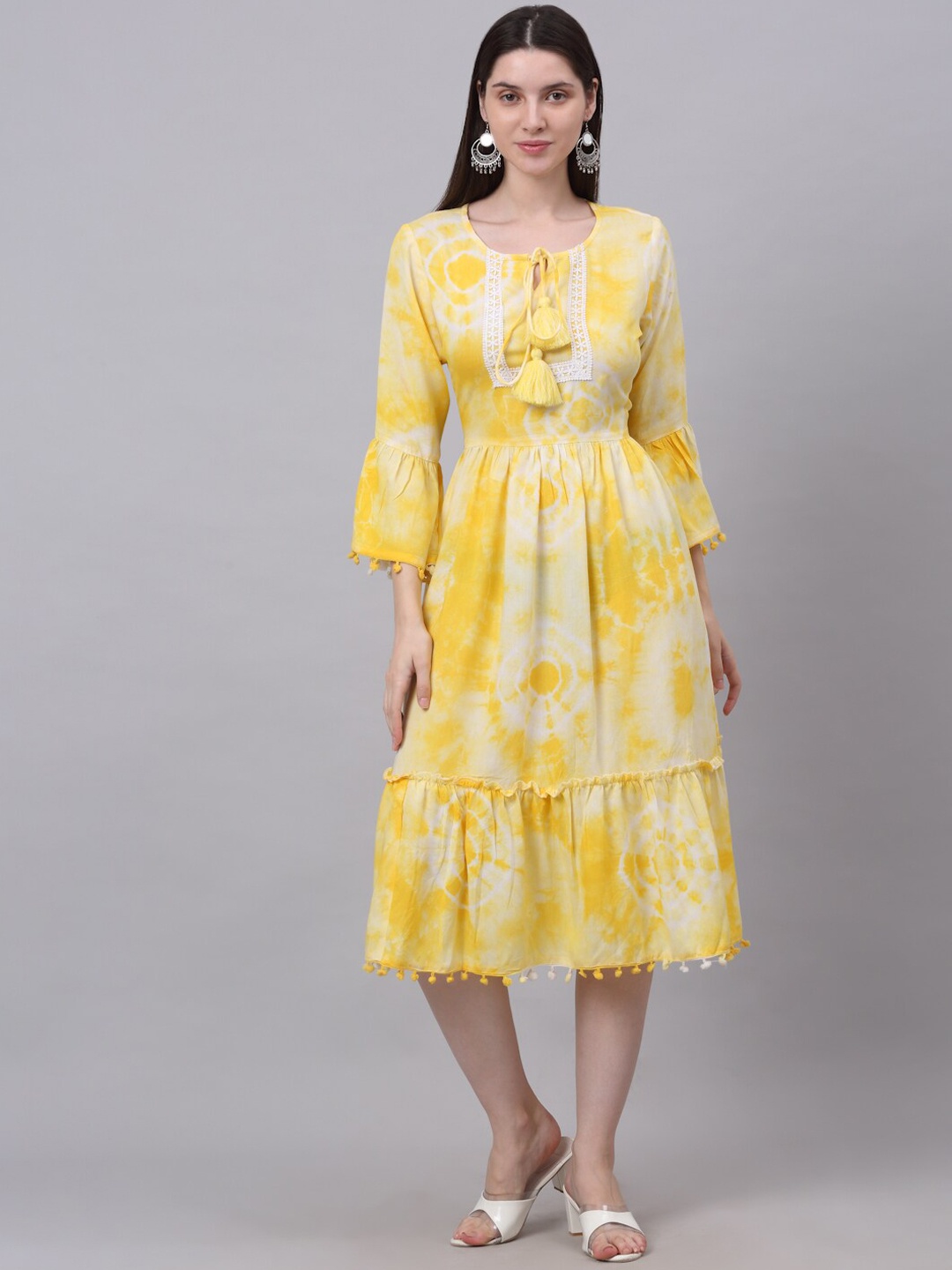 

Assamica Yellow & Off White Dyed Tie-Up Neck A-Line Dress