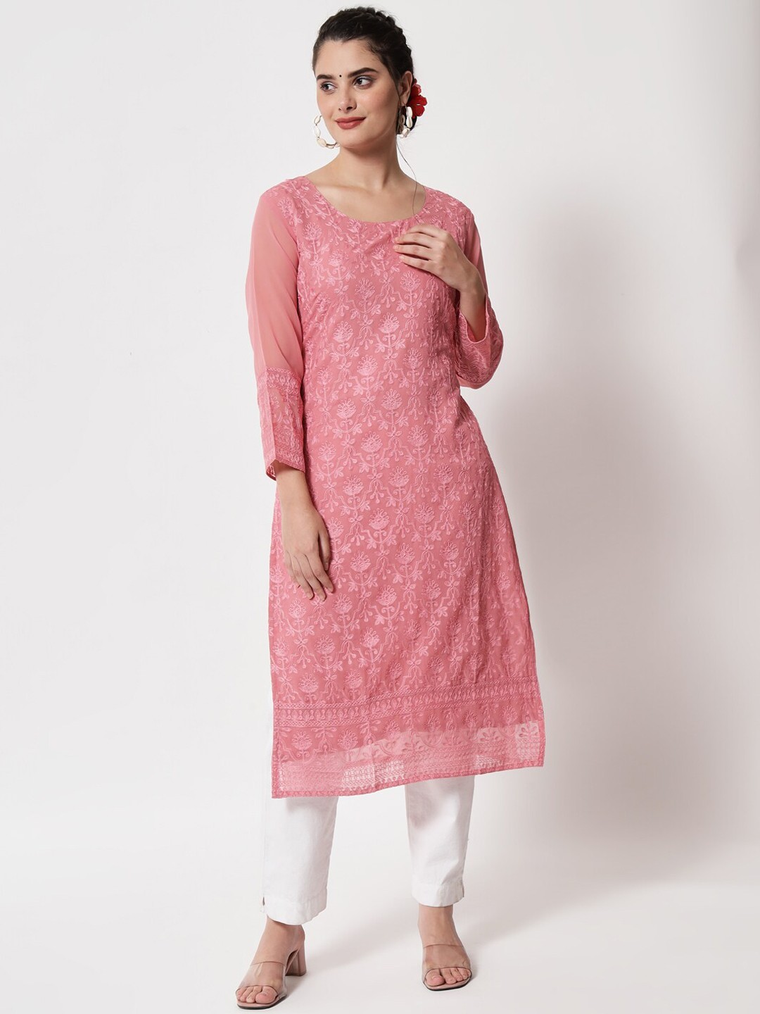 

VAIRAGEE Women Rose Ethnic Motifs Embroidered Chikankari Georgette Kurta
