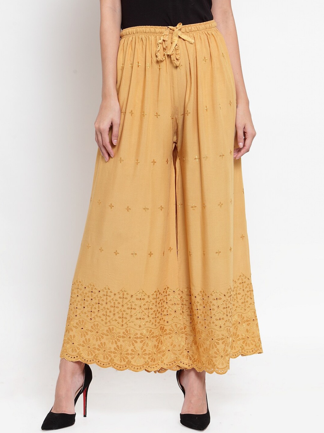 

Clora Creation Women Yellow Floral Embroidered Flared Knitted Ethnic Palazzos
