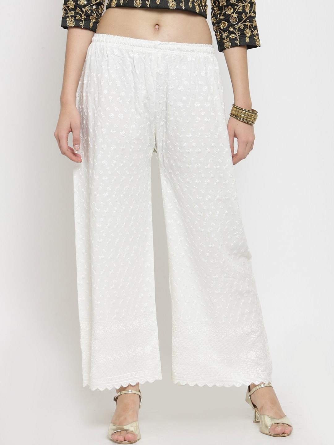 

Clora Creation Women Off White Floral Embroidered Knitted Palazzos