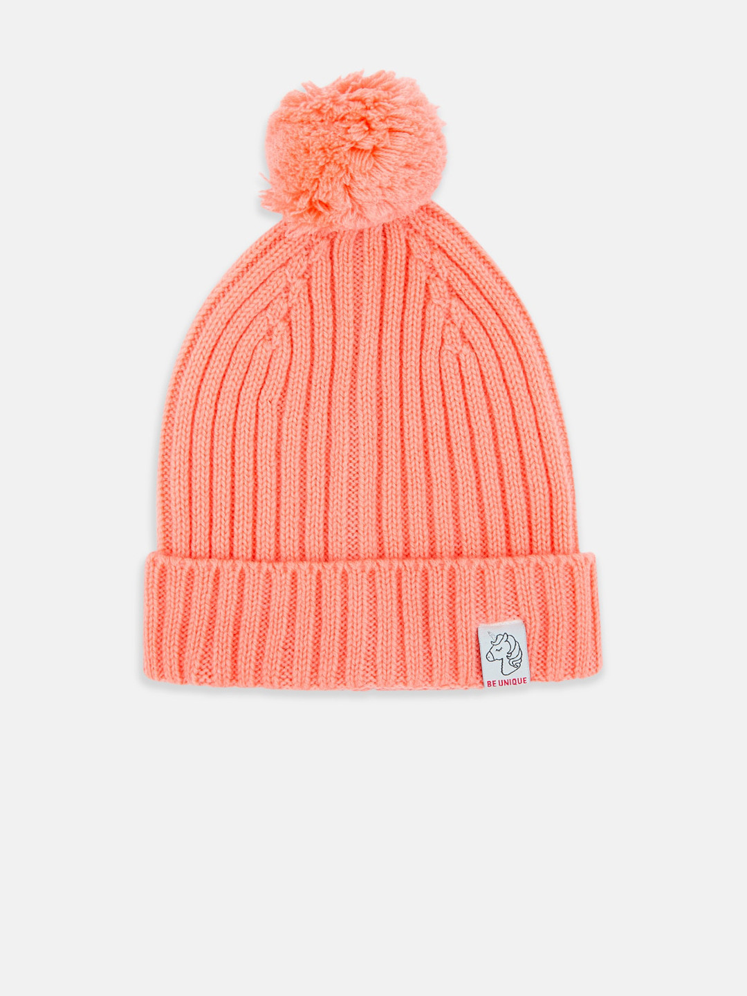 

Pantaloons Junior Girls Pink Self Design Acrylic Beanie With Pompom