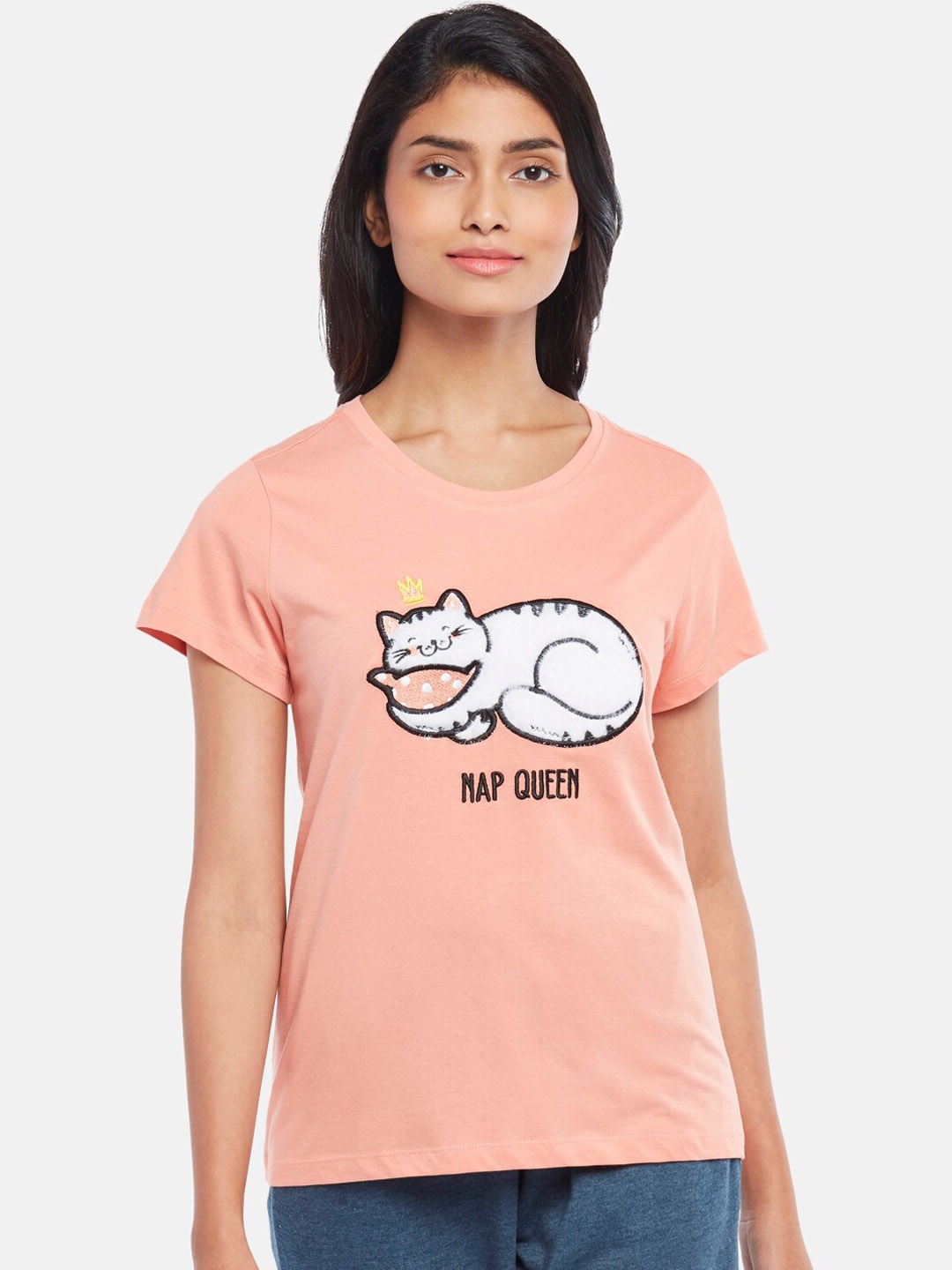

Dreamz by Pantaloons Women Pink Printed Cotton Lounge T-shirts