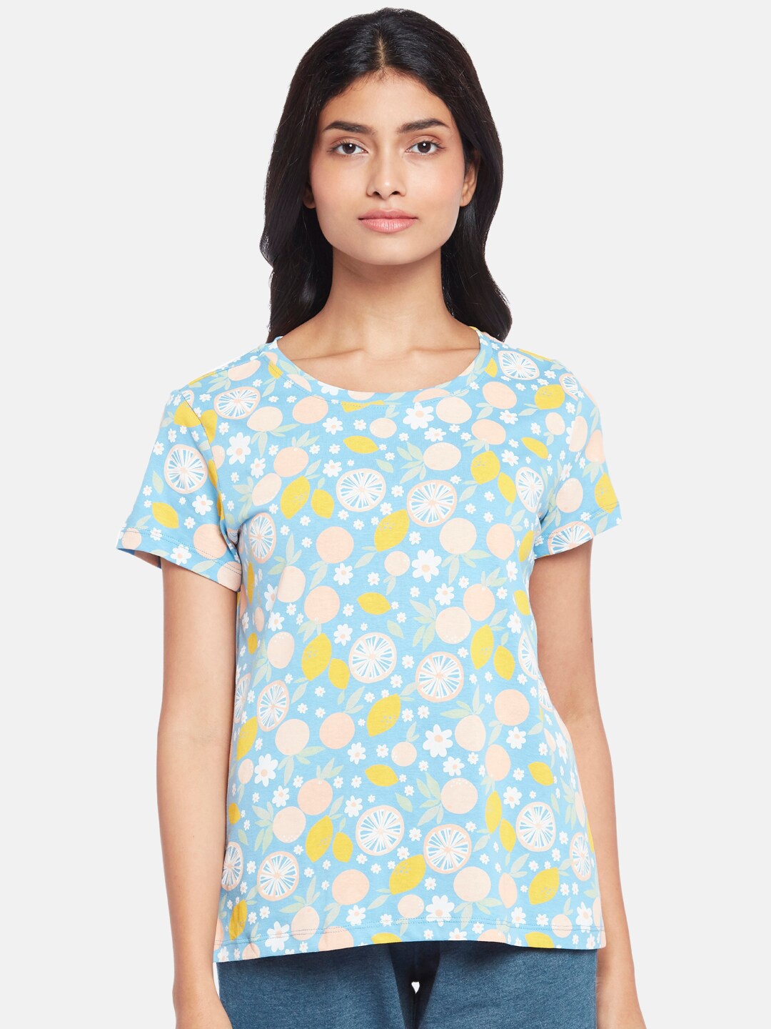 

Dreamz by Pantaloons Women Blue & Yellow Printed Pure Cotton Lounge T-shirt