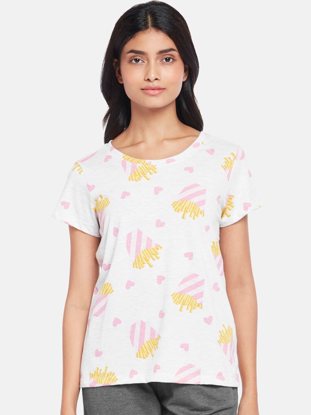 

Dreamz by Pantaloons Women Grey Printed Pure Cotton Lounge T-shirt