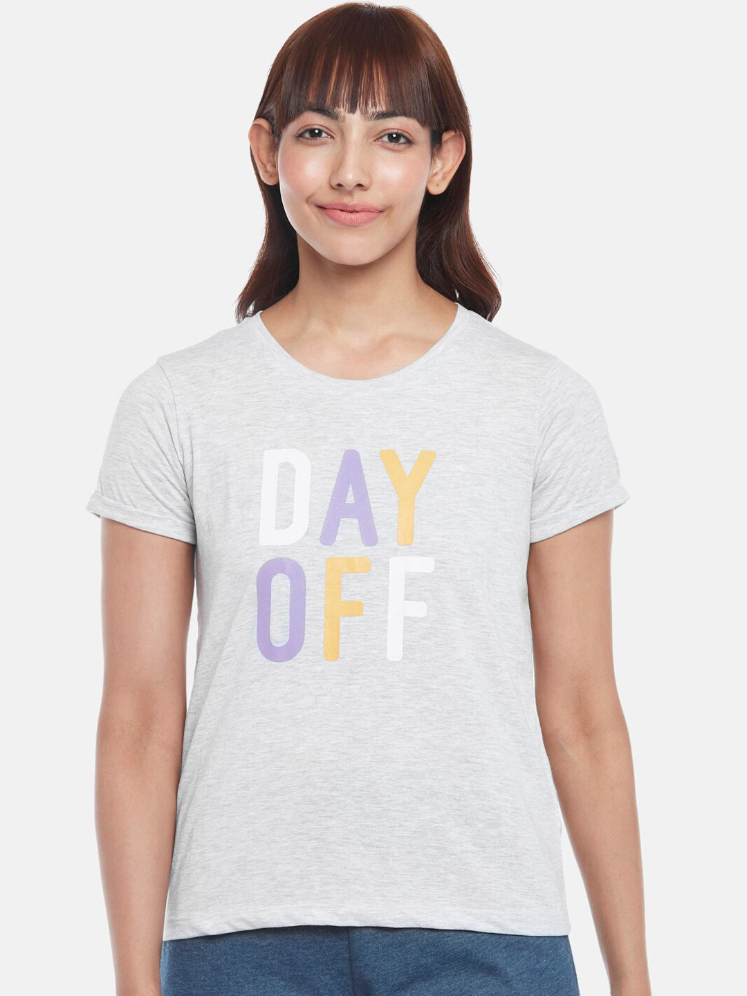 

Dreamz by Pantaloons Women Grey Printed Pure Cotton Lounge T-shirt