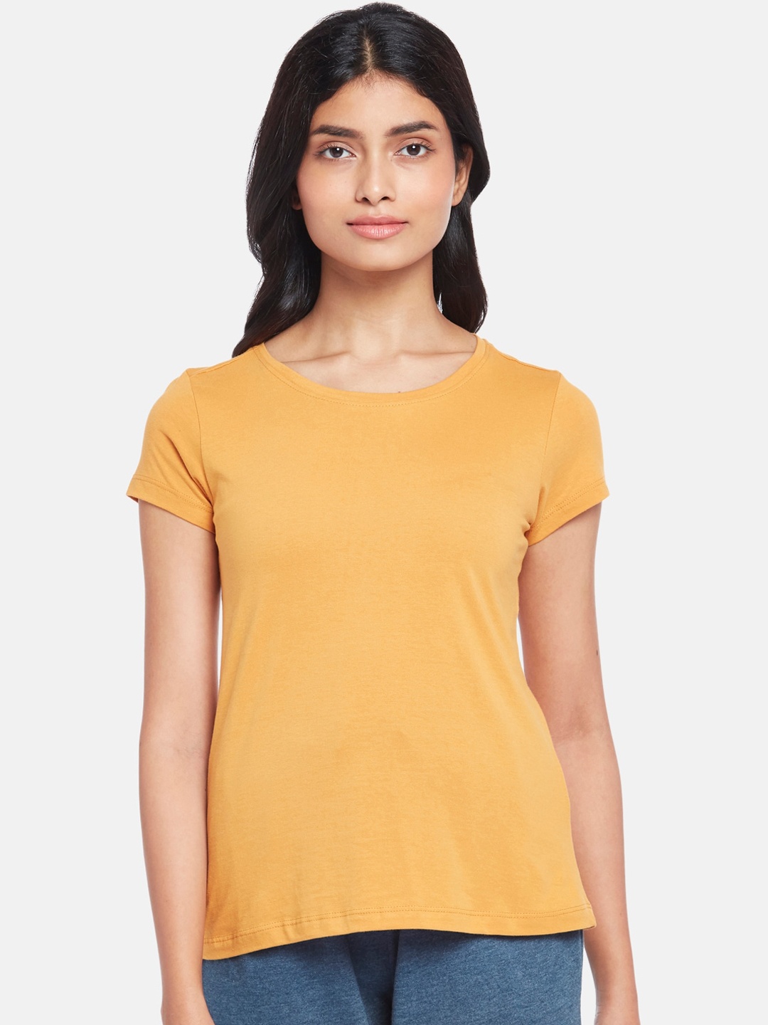 

Dreamz by Pantaloons Women Orange Solid Pure Cotton Lounge T-shirt, Mustard