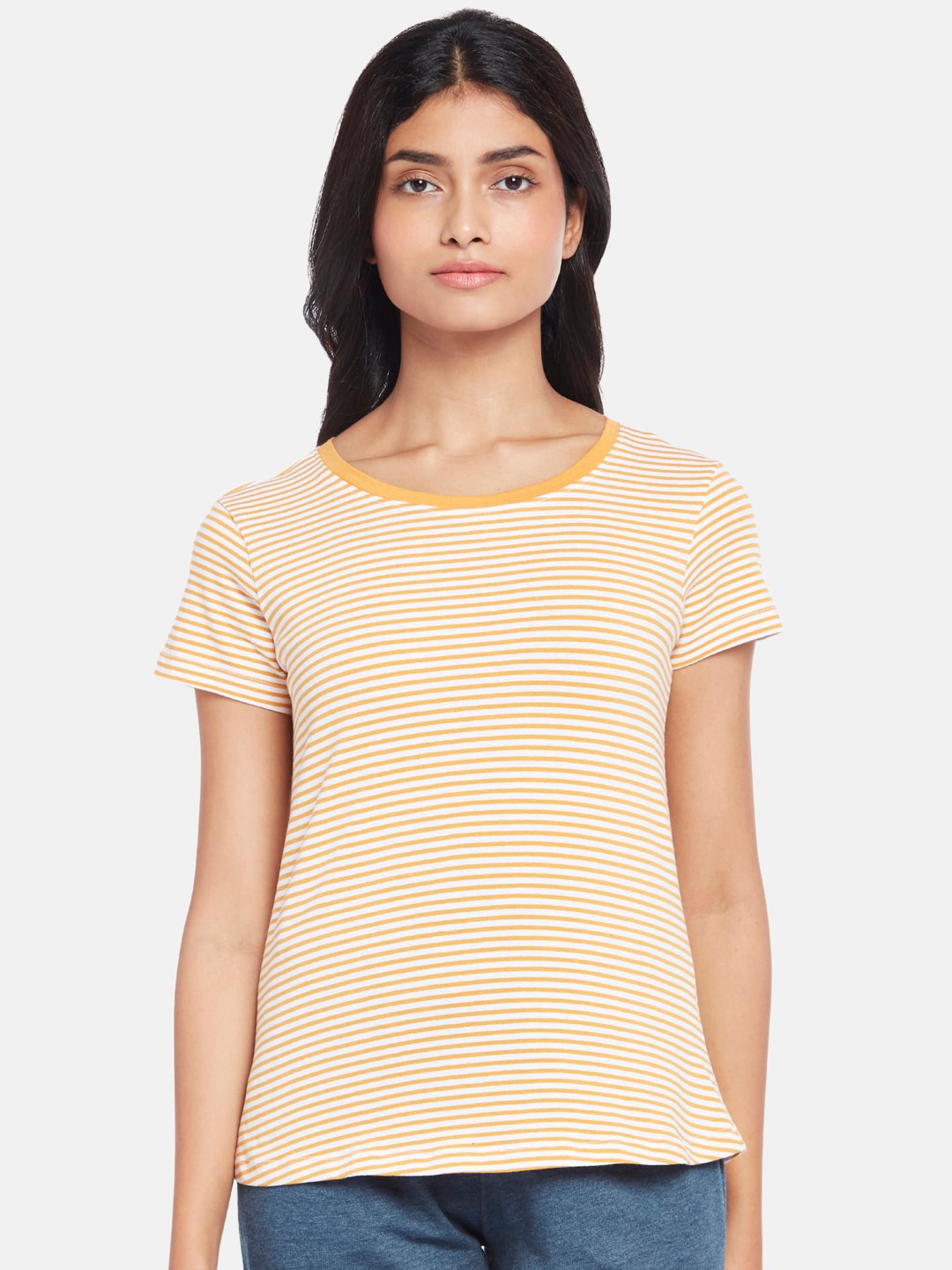 

Dreamz by Pantaloons Women Orange Striped Pure Cotton Lounge T-shirt