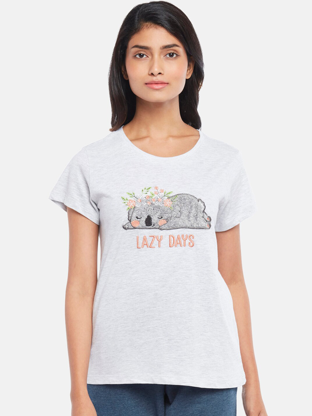 

Dreamz by Pantaloons Women Grey Melange Embroidered Applique Cotton Lounge T Shirt