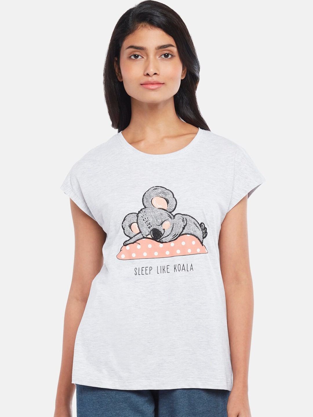 

Dreamz by Pantaloons Women Grey Melange Applique Cotton Lounge T-Shirt