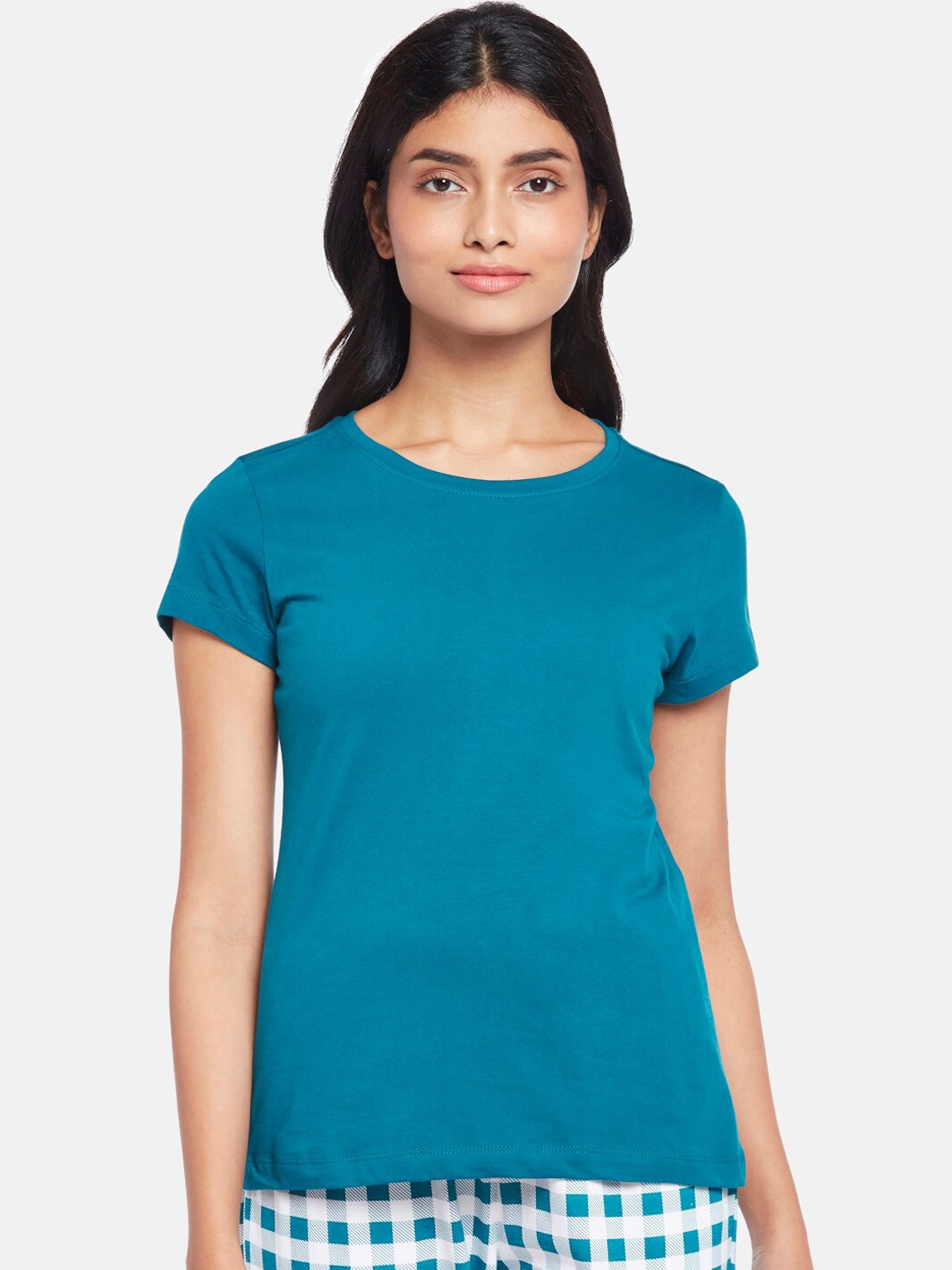 

Dreamz by Pantaloons Women Blue Solid Pure Cotton Lounge T-shirt