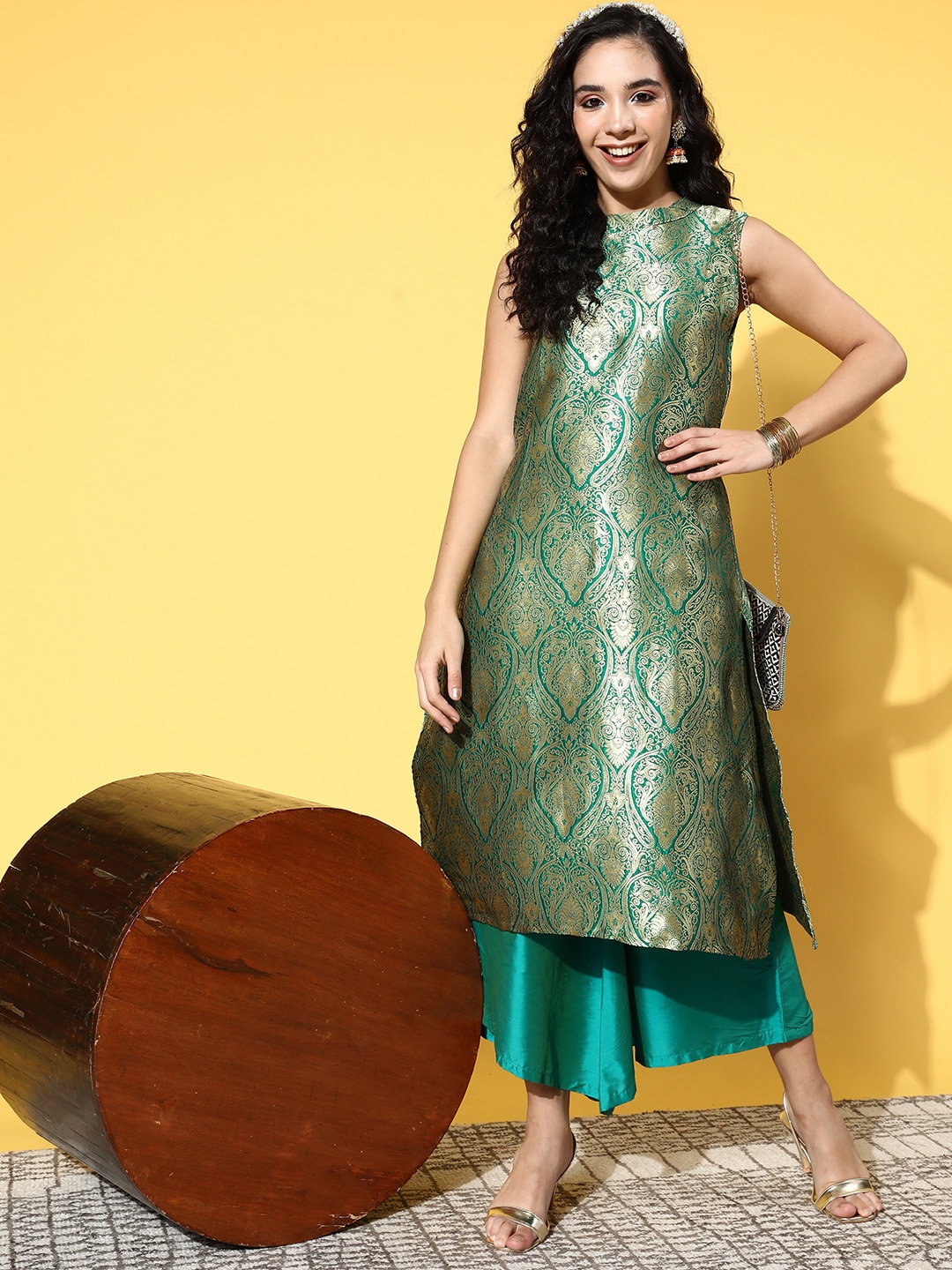 

InWeave Women Ethnic Motifs Silk Blend Woven Metallic Kurta Set, Teal