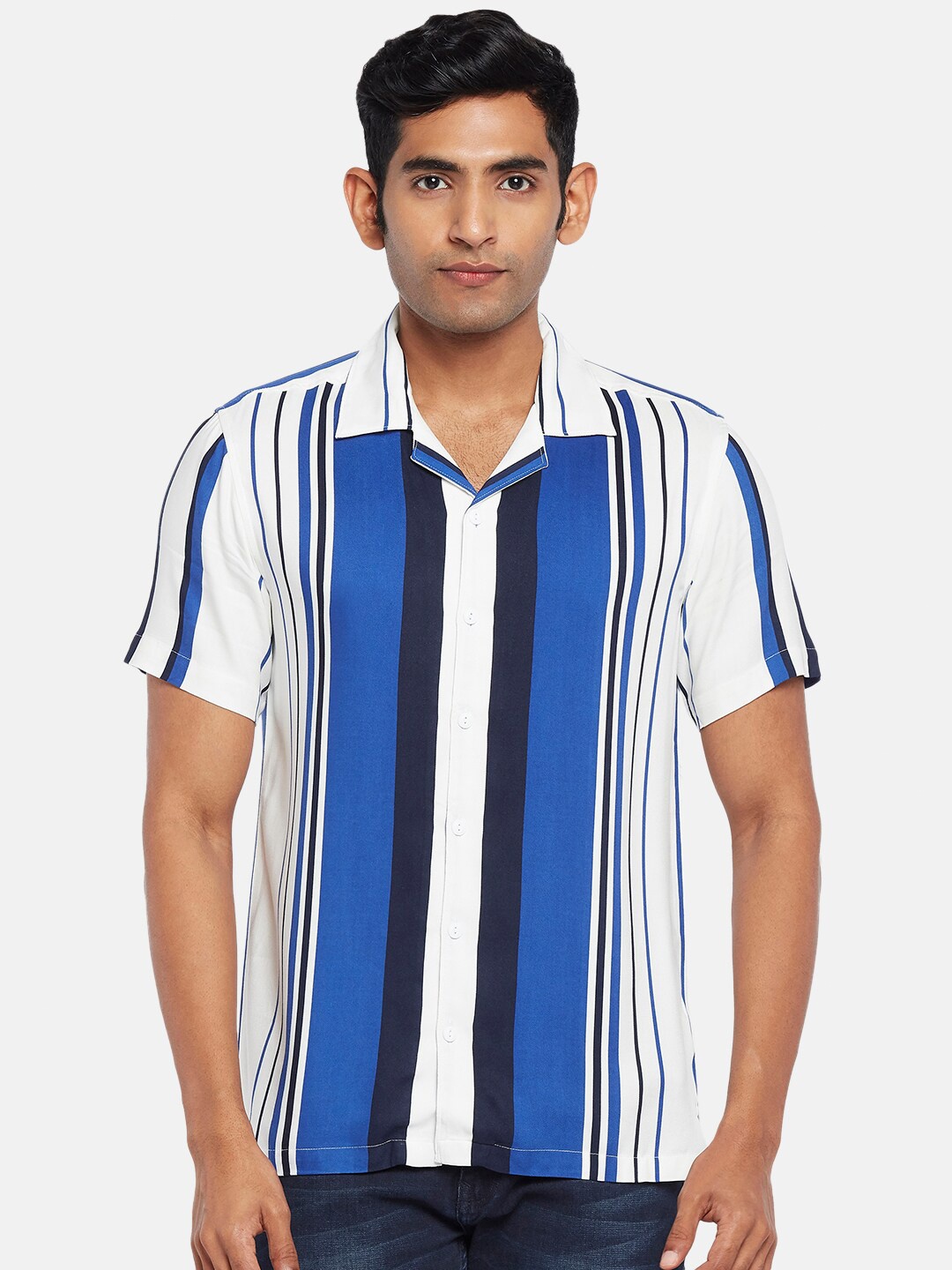 

People Men Blue Slim Fit Striped Casual Shirt