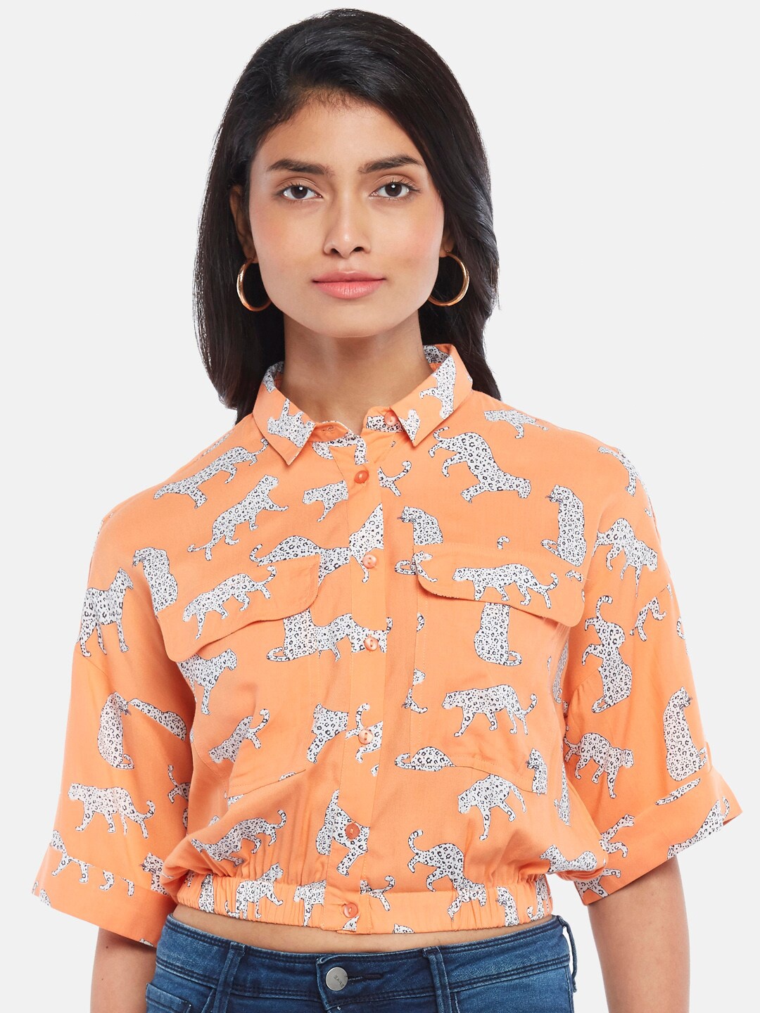 

People Women Peach-Coloured Animal Printed Casual Shirt