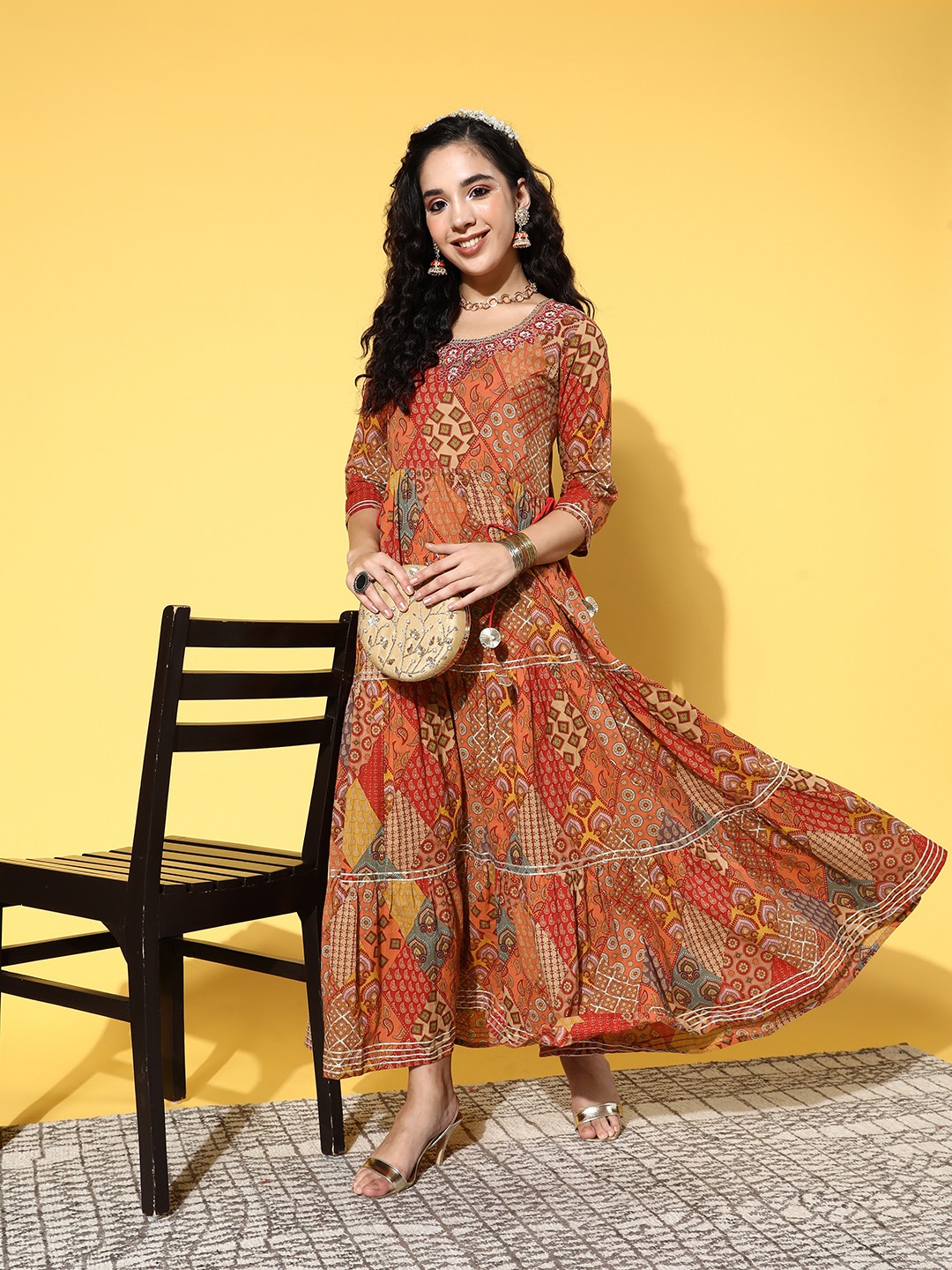 

InWeave Women Chic Rust Cotton Fluid Tie-Up Ethnic Dress