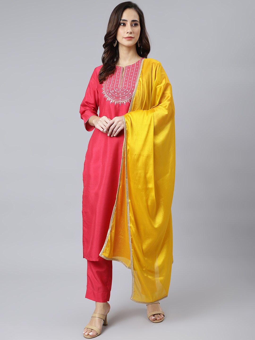 

Janasya Women Pink Yoke Design Thread Work Kurta with Trousers & With Dupatta