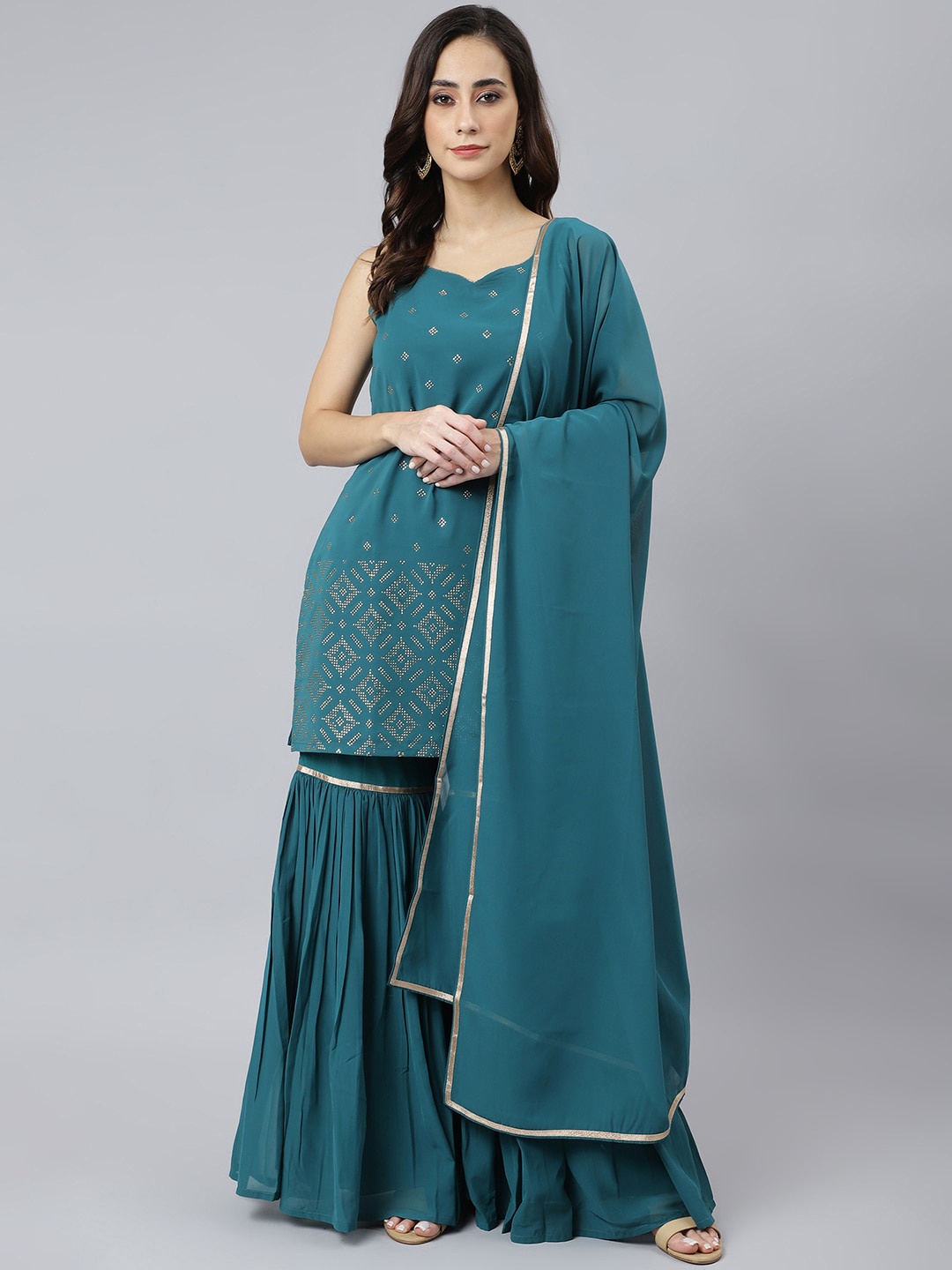 

Janasya Women Teal Ethnic Motifs Foil Printed Kurta with Gharara & Dupatta