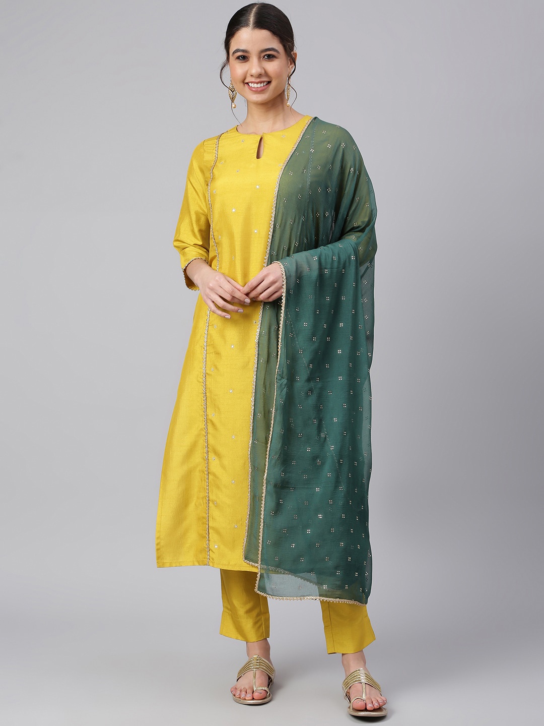 

Janasya Women Mustard Yellow Embellished Kurta with Trousers & Dupatta