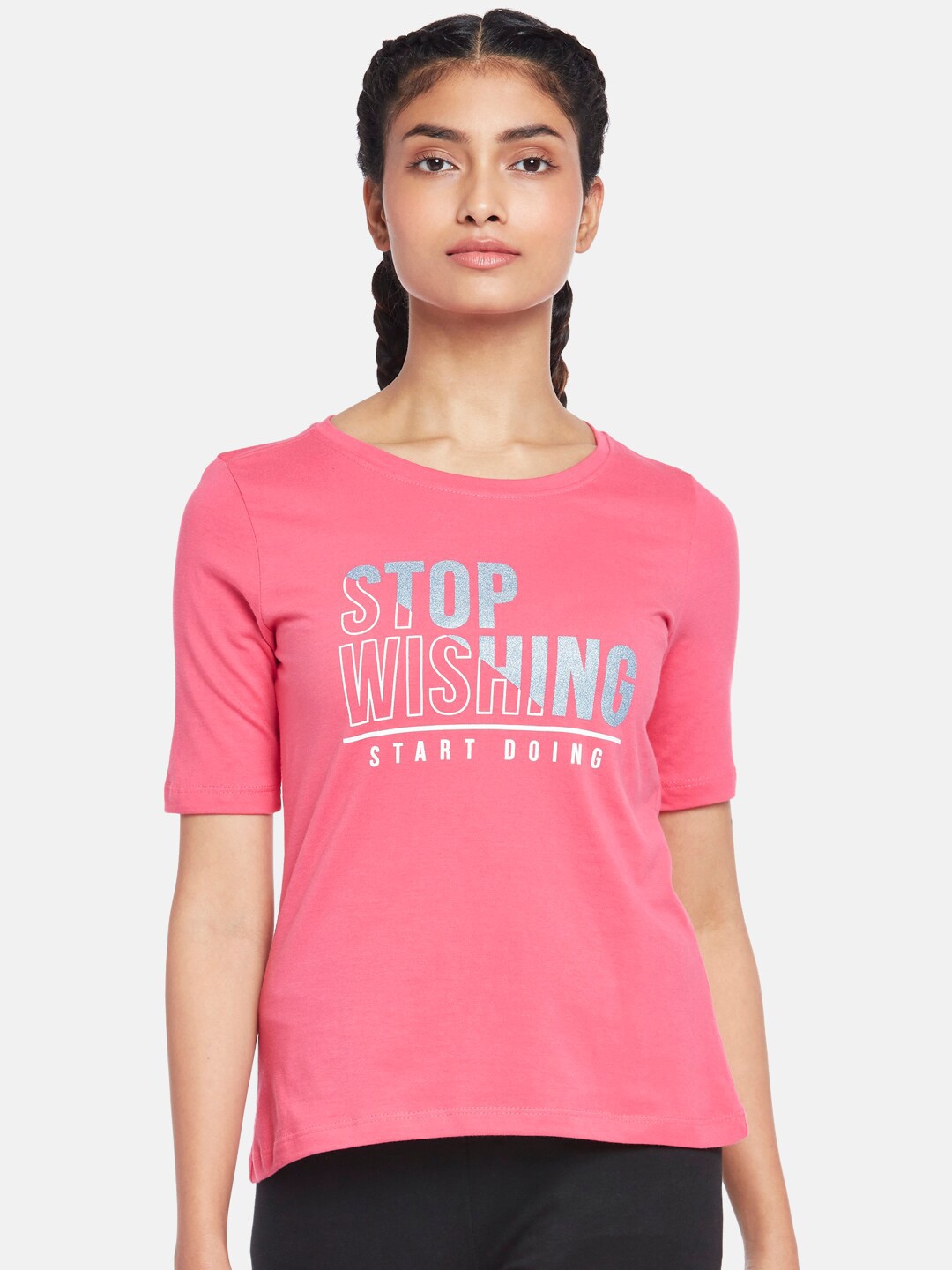

Ajile by Pantaloons Women Pink Typography Printed Cotton T-shirt
