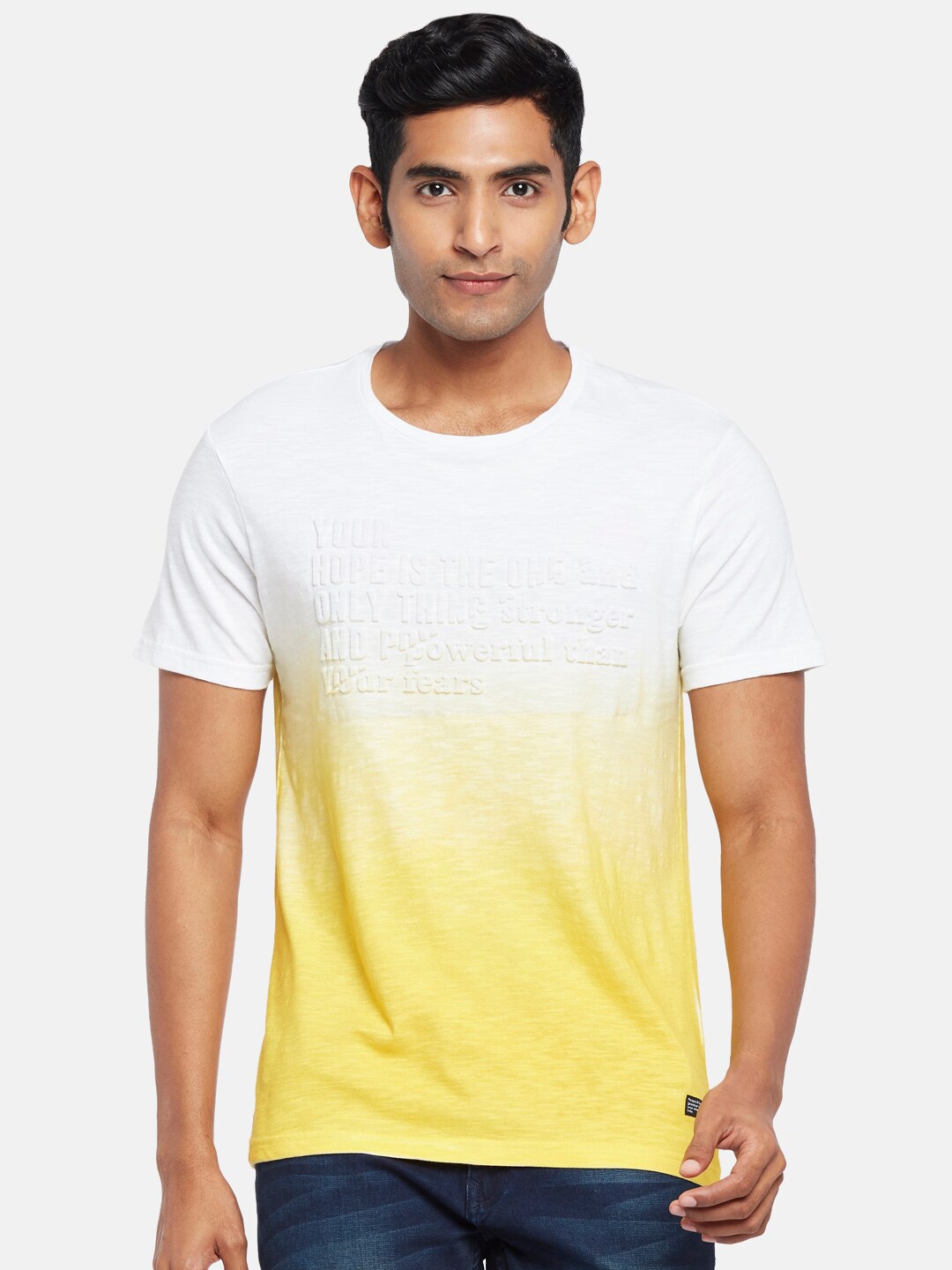 

People Men Yellow & White Typography Dyed Cotton Slim Fit T-shirt