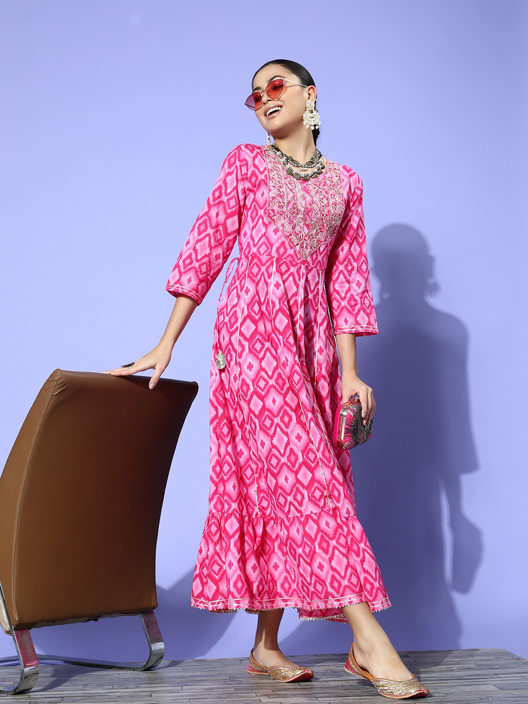 

InWeave Women Pretty Pink Cotton Fluid Tie-Up Ethnic Dress