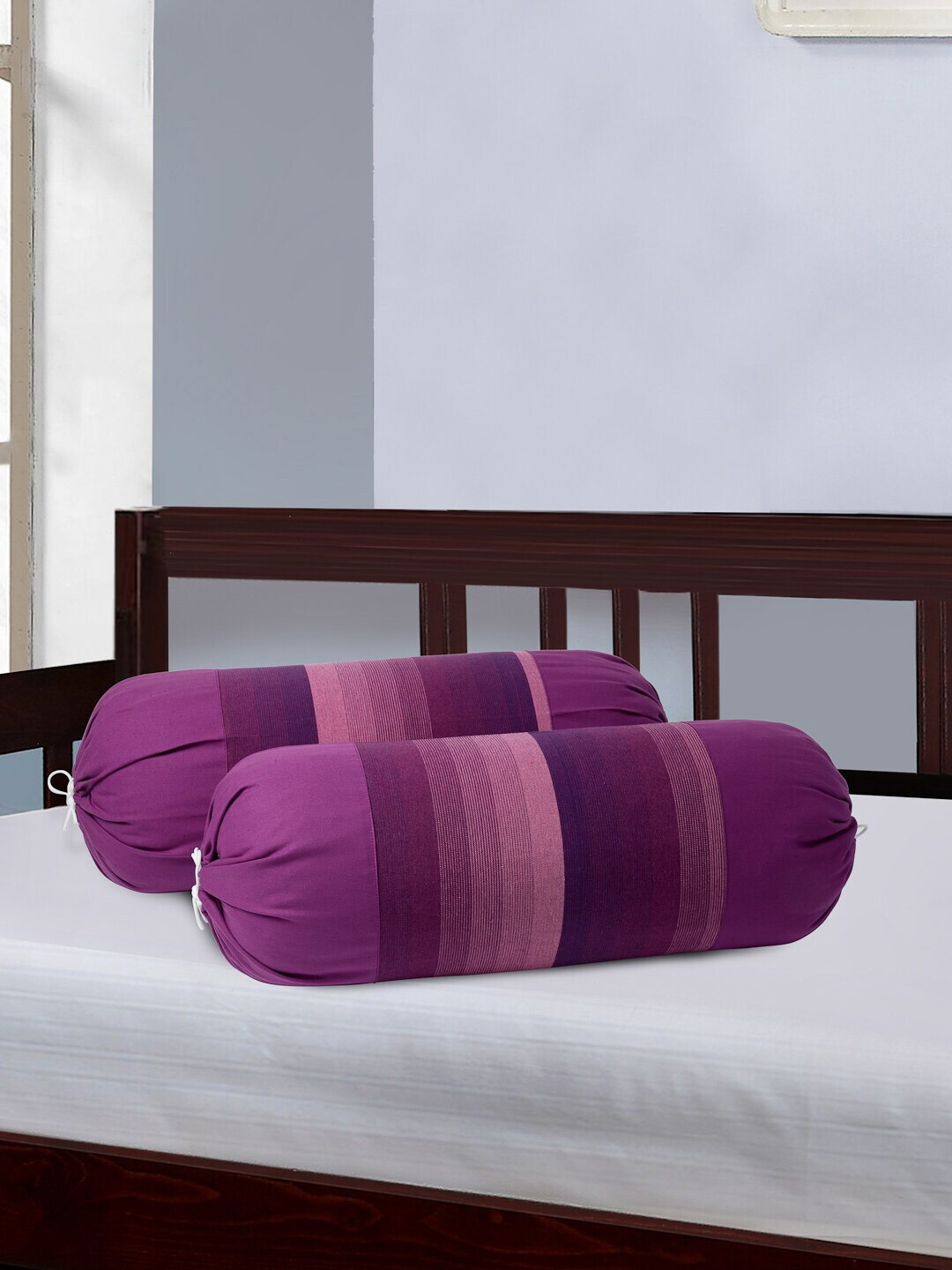 

SHADES of LIFE Set Of 2 Purple Striped Cotton Bolster Covers