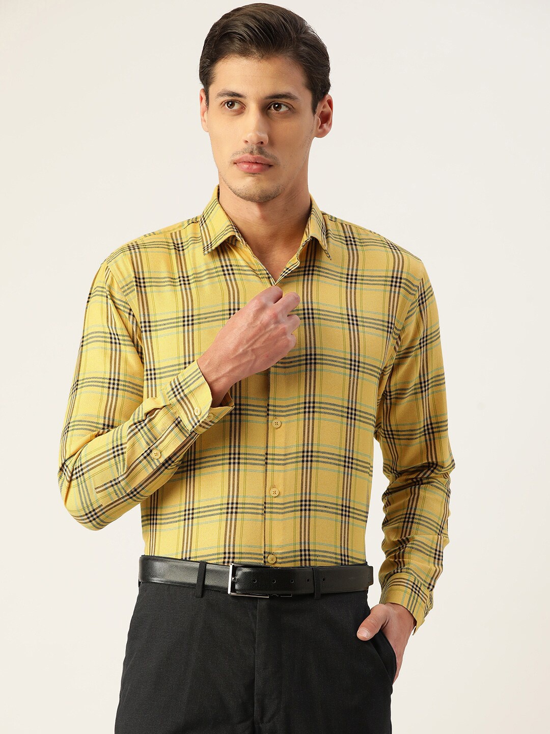 

JAINISH Men Yellow Classic Slim Fit Tartan Checks Checked Pure Cotton Formal Shirt