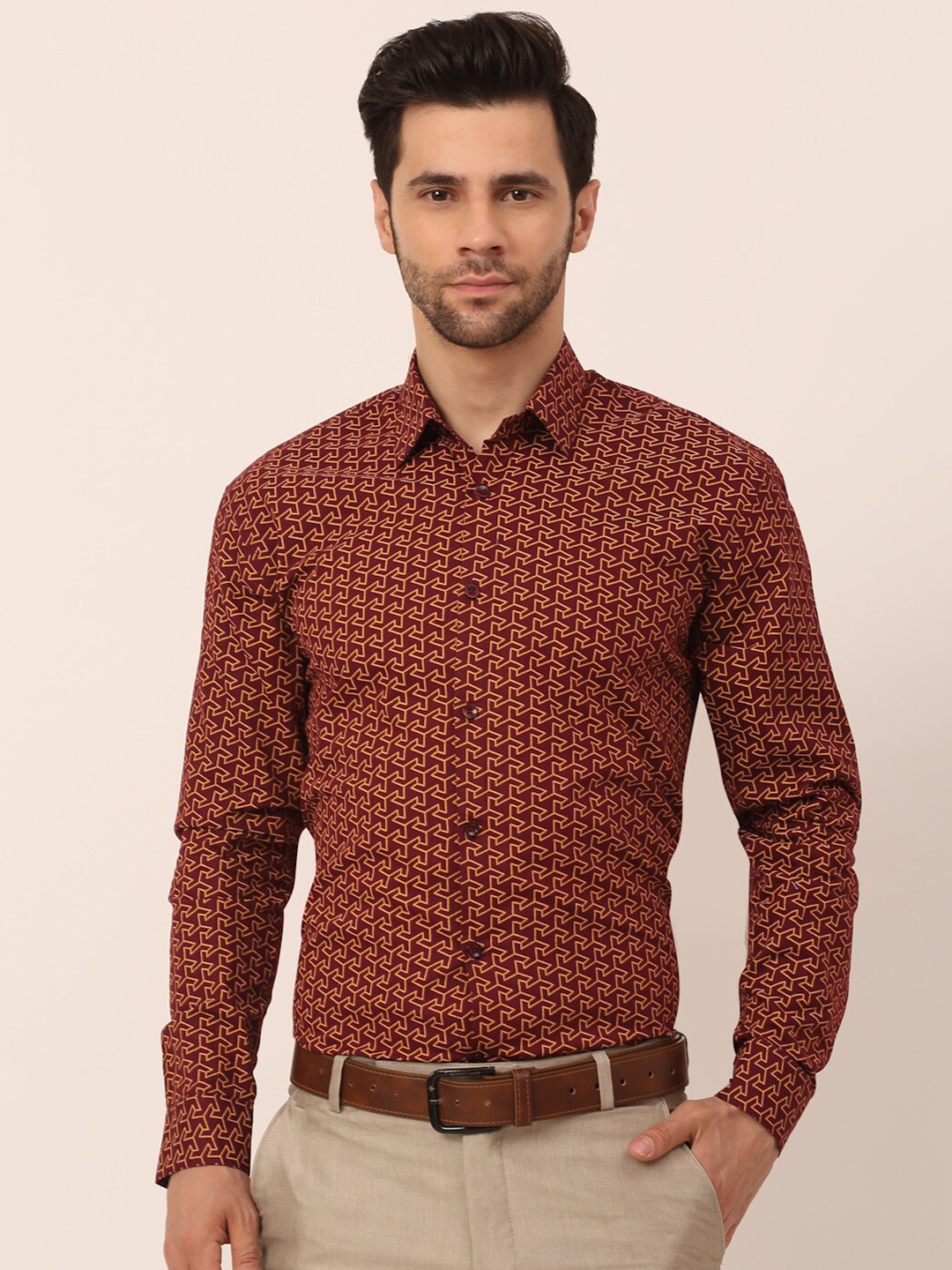 

JAINISH Men Brown Classic Slim Fit Floral Printed Pure Cotton Formal Shirt