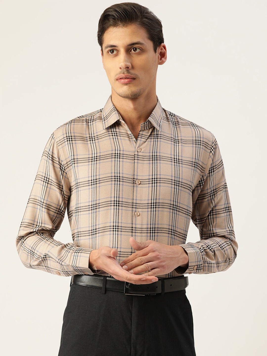 

JAINISH Men Brown Classic Slim Fit Tartan Checks Checked Pure Cotton Formal Shirt