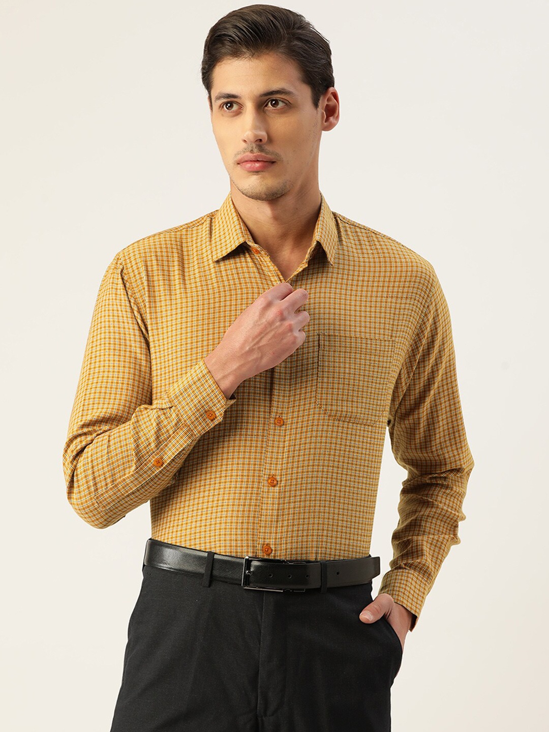 

JAINISH Men Mustard Classic Slim Fit Checked Pure Cotton Formal Shirt