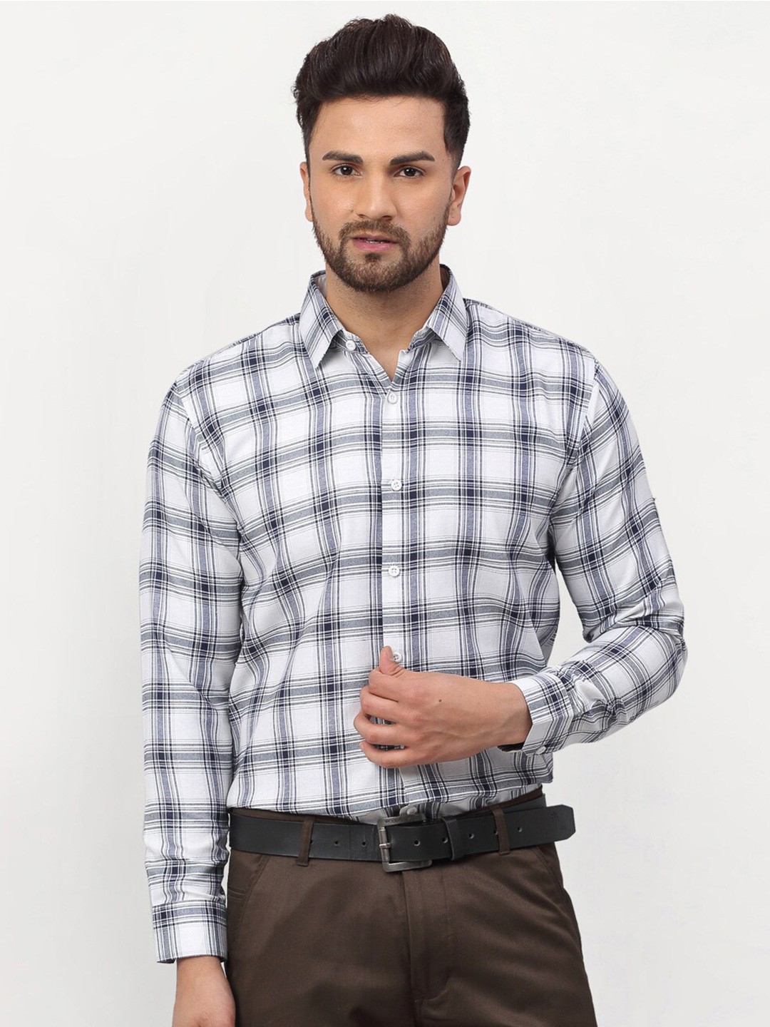 

JAINISH Men White Classic Slim Fit Tartan Checks Checked Pure Cotton Formal Shirt