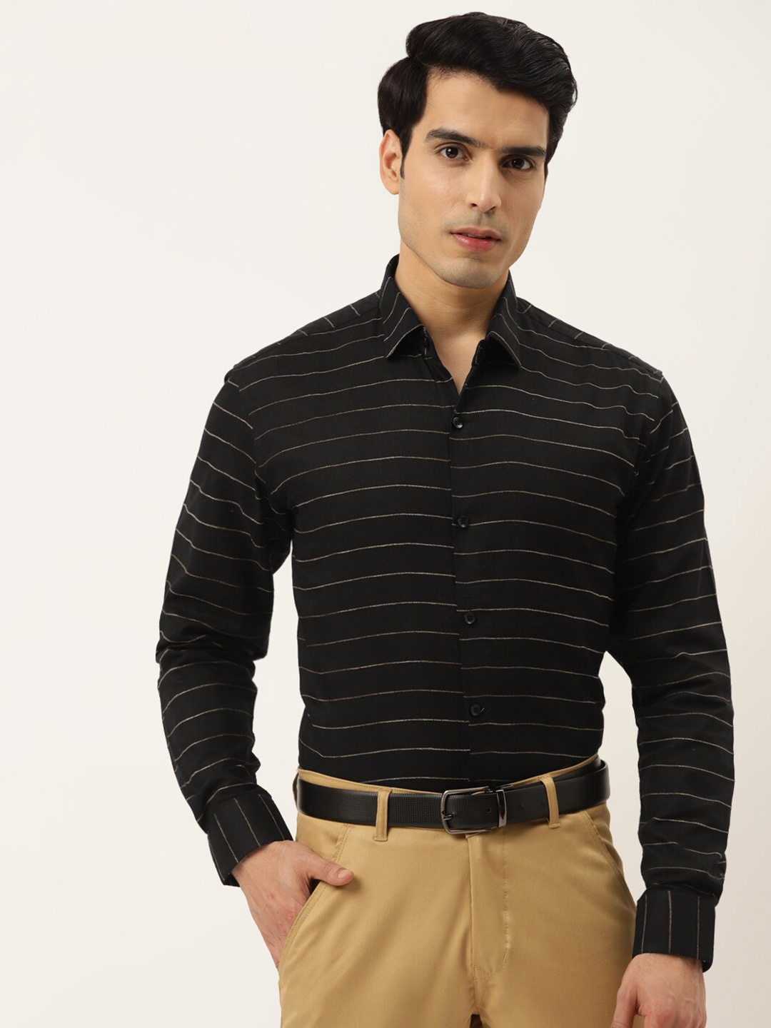 

JAINISH Men Black Classic Slim Fit Horizontal Stripes Formal Shirt