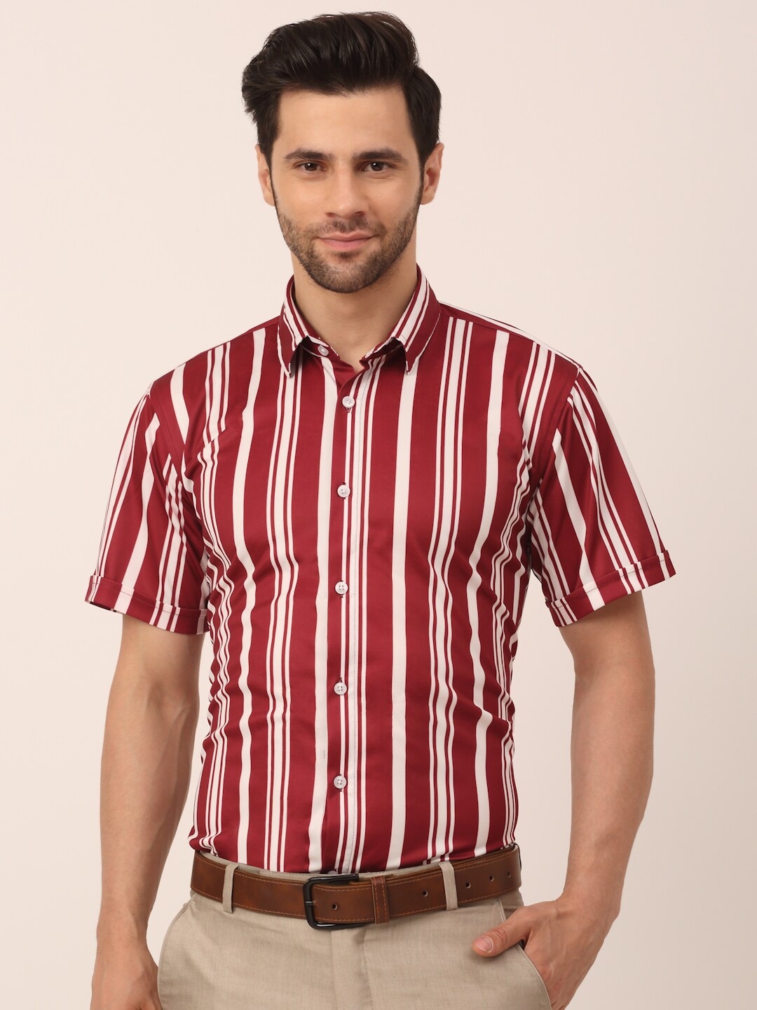 

JAINISH Men Maroon Classic Slim Fit Striped Formal Shirt