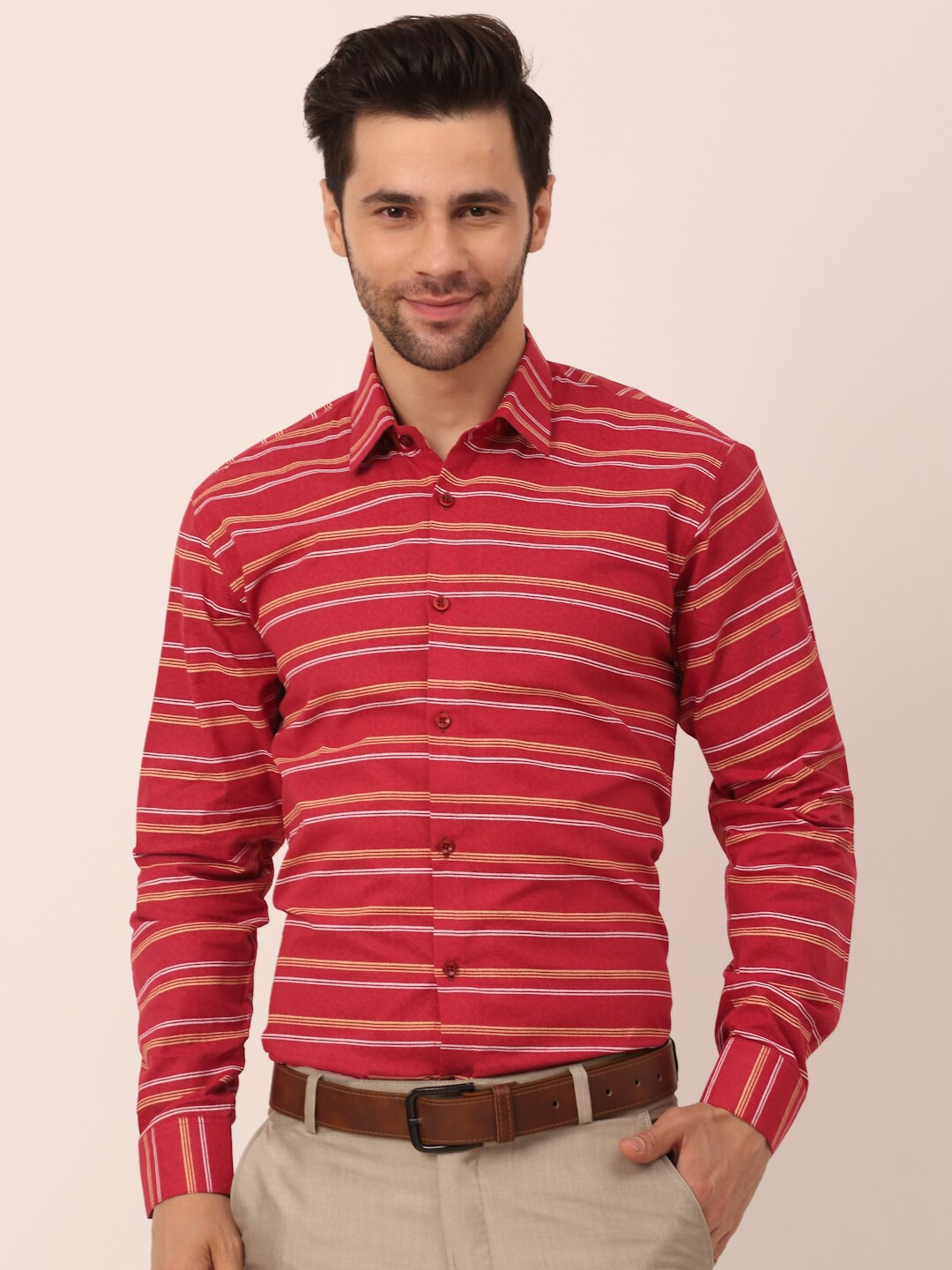 

JAINISH Men Maroon Classic Slim Fit Horizontal Stripes Formal Shirt