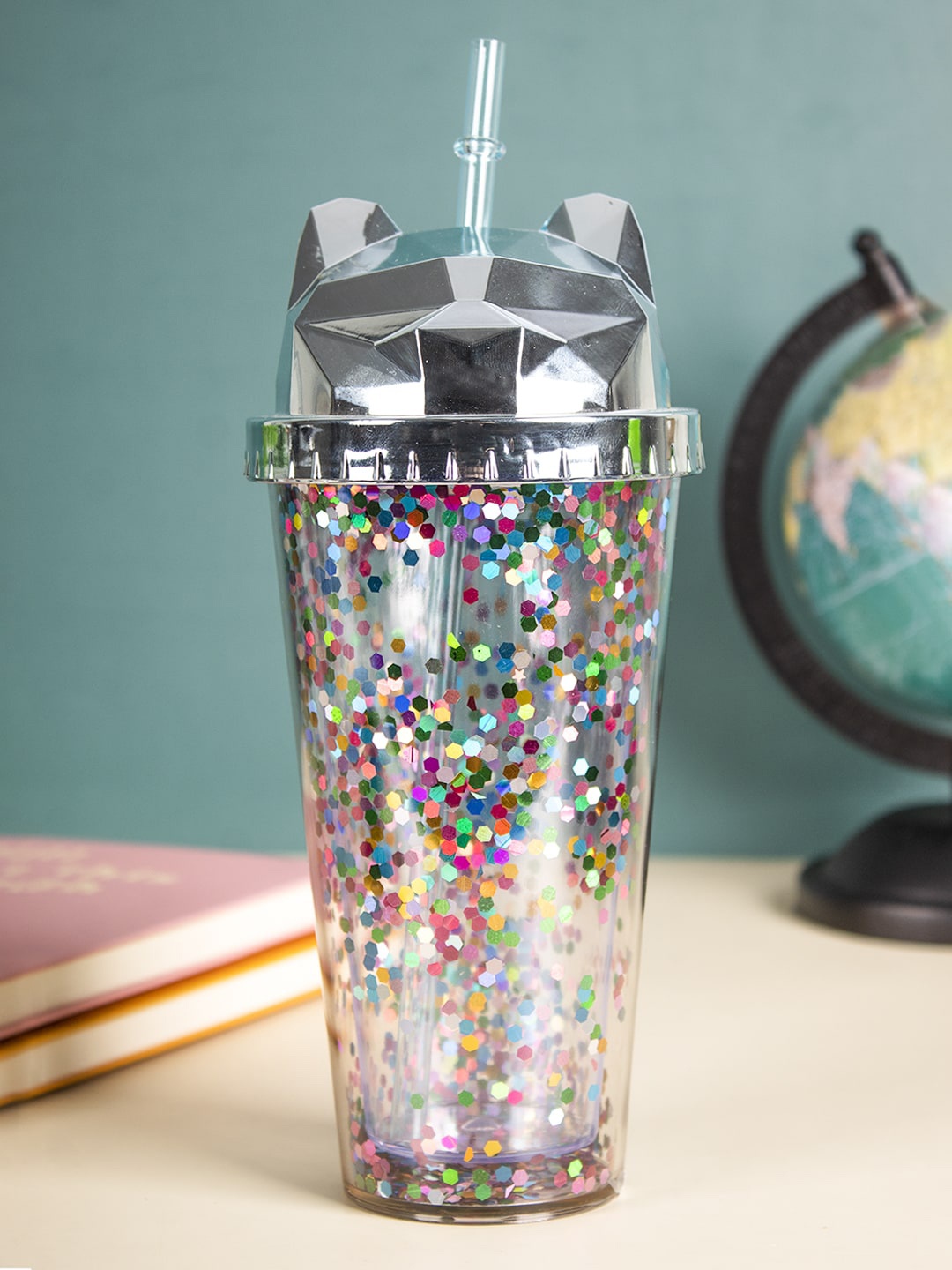 

MARKET99 Silver-Coloured Solid Cat Ear Sipper Bottle With Straw 380 ml