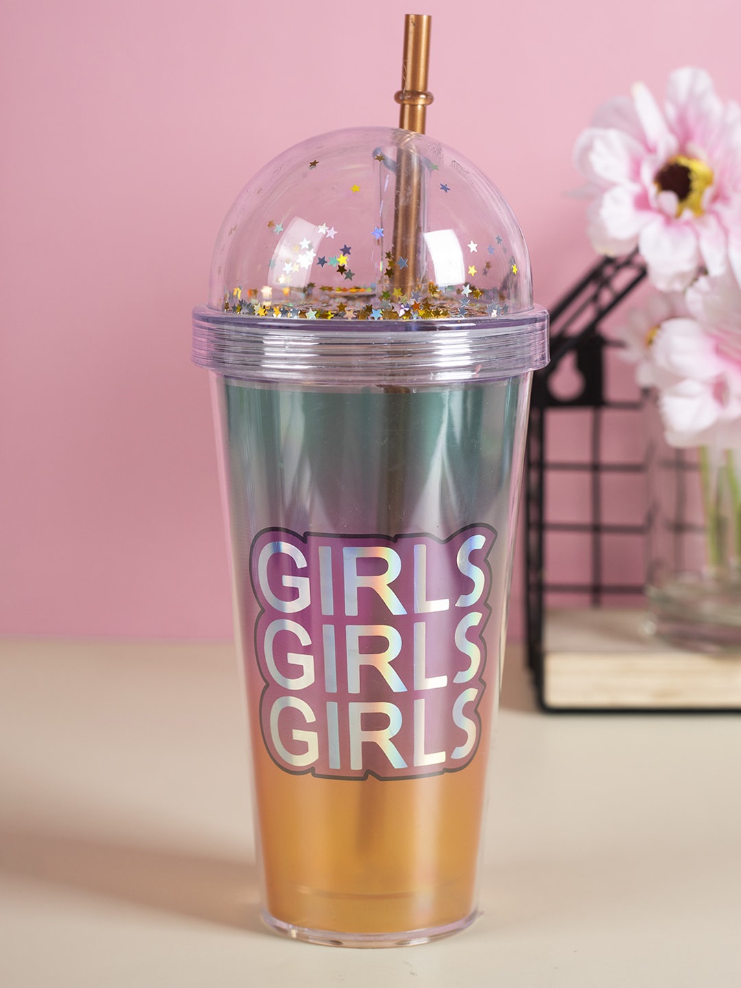 

MARKET99 Pink & Green Printed Plastic Tumbler With Straw & Lid 380 ml