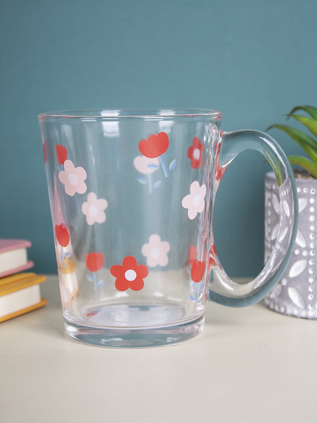 

MARKET99 Transparent And Red Floral Printed Glass Mug 280 ml