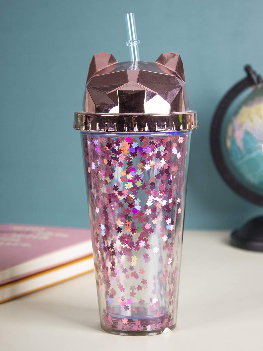 

MARKET99 Rose Gold-Toned Printed Cat Ear Travel Sipper Water Bottle With Straw 380 ml