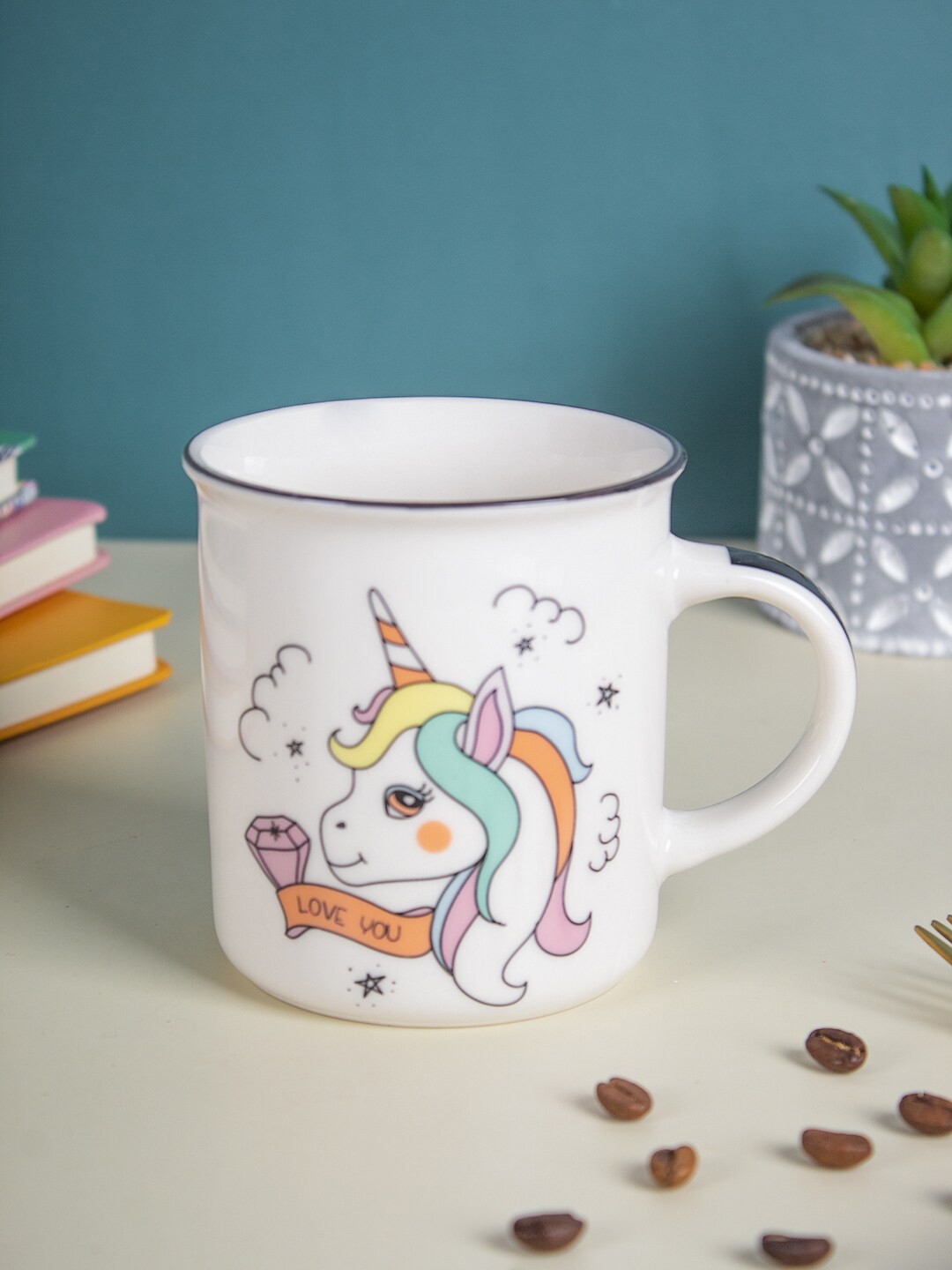 

MARKET99 White And Blue Printed Dishwasher And Microwave Safe Ceramic Mug 300 ml, Off white
