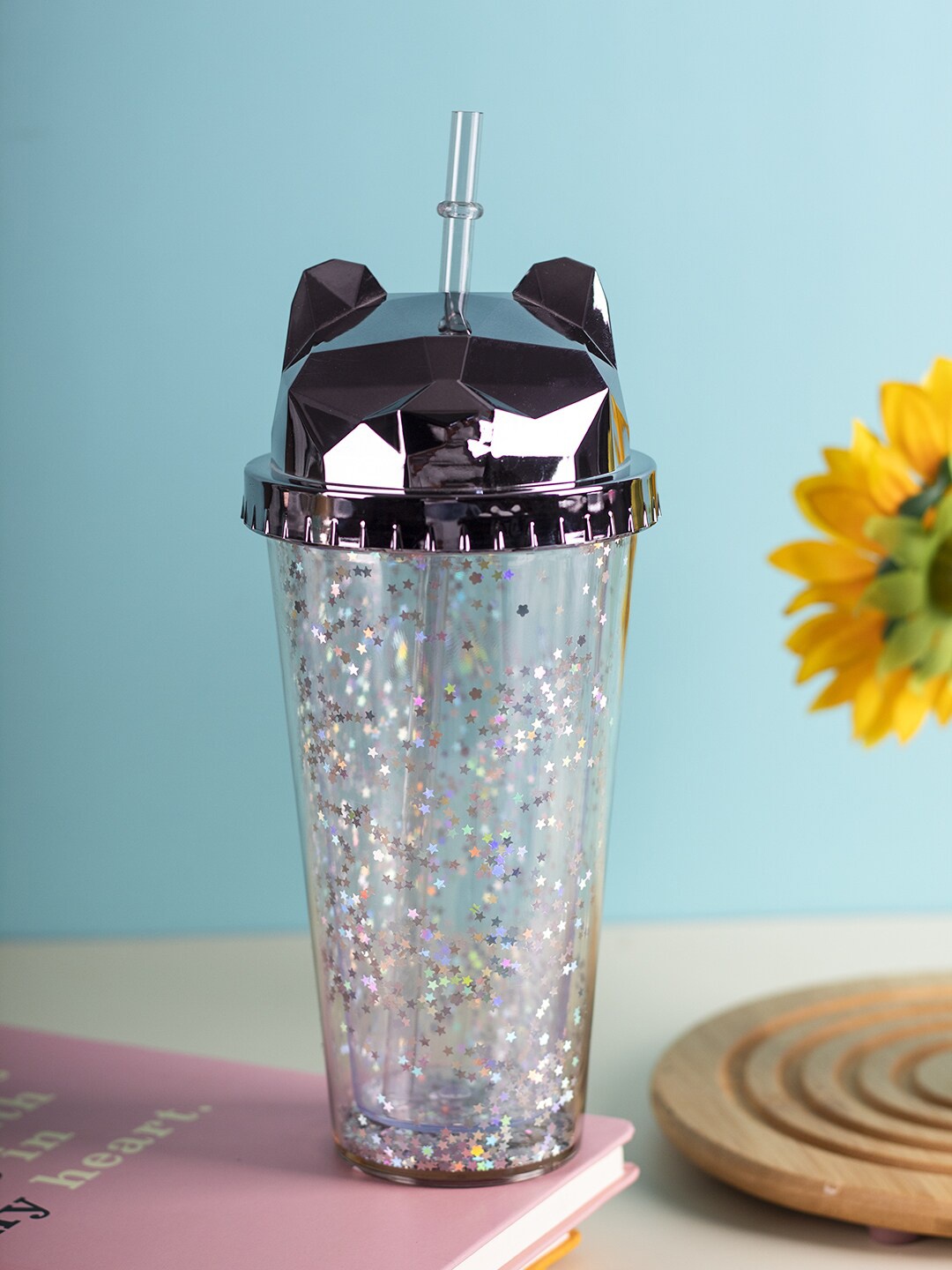 

MARKET99 Black Printed Cat Ear Travel Sipper Water Bottle With Straw 380 Ml
