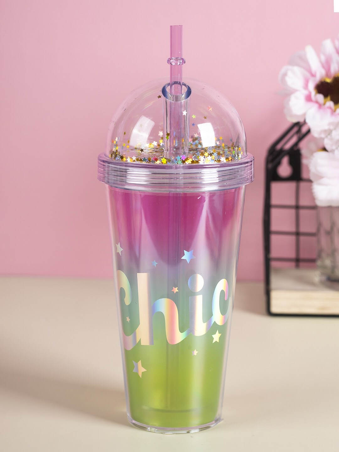 

MARKET99 Pink & Green Printed Plastic Sipper Water Bottle 380 ml